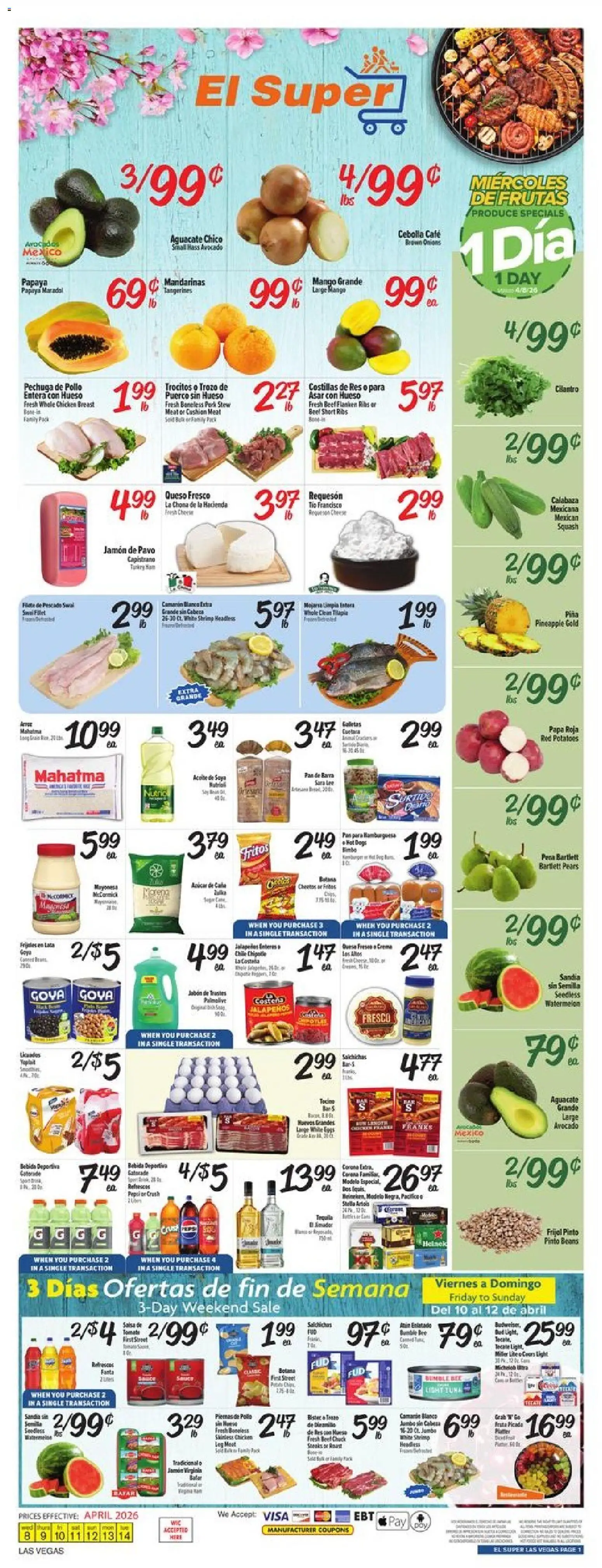 Ad Preview of El Super El Super Weekly Ad - NV from 04/08/2026 - Potatoes, Watermelon, Fan, Pineapple, Squash, Tangerines, Pears, Whole chicken