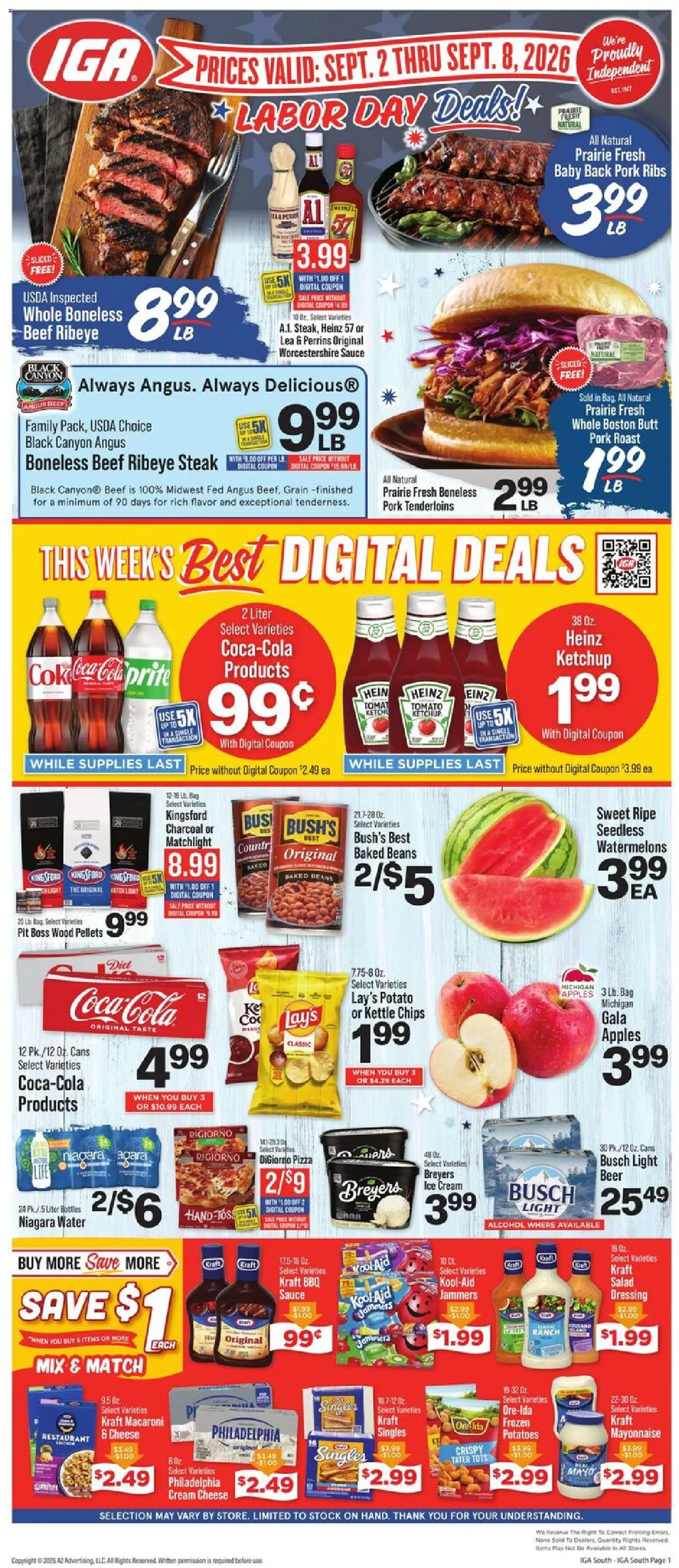 Ad Preview of IGA IGA Weekly Ad from 09/02/2026 - Apples, Ice cream, Steak, Potatoes, Bag, Ketchup, Pork roast, Pork ribs