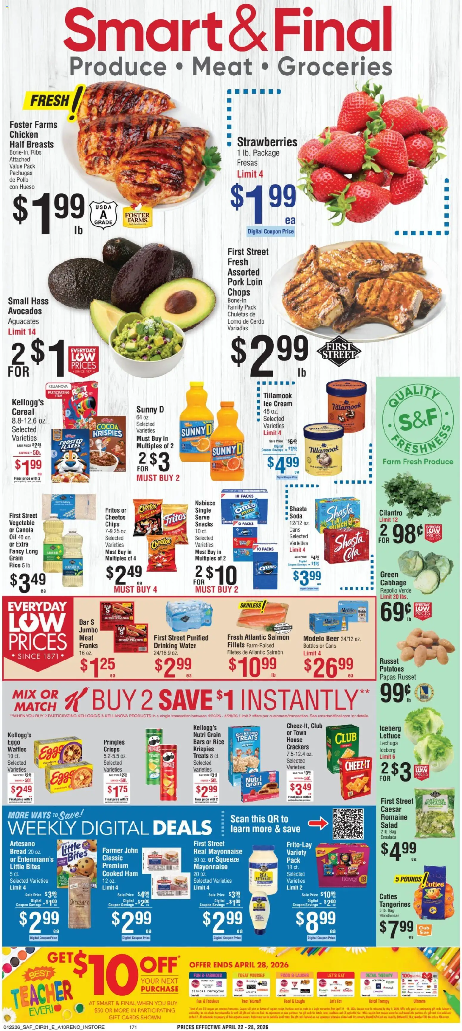 Ad Preview of Smart & Final Smart & Final Weekly Ad from 04/22/2026 - Beer, Salad, Snacks, Bread, Meat, Lettuce, Cabbage, Mayonnaise