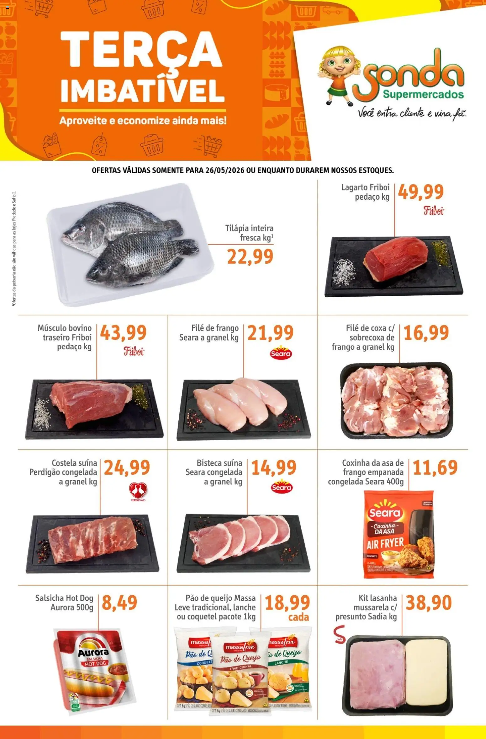 Pré-Visualização do folheto "Sonda ofertas Terça Imbativel" da loja Sonda válido a partir de 26/05/2026 - Air fryer, Pão de queijo, Frango, Mussarela, Massa, Filé de frango, Tilápia, Músculo bovino