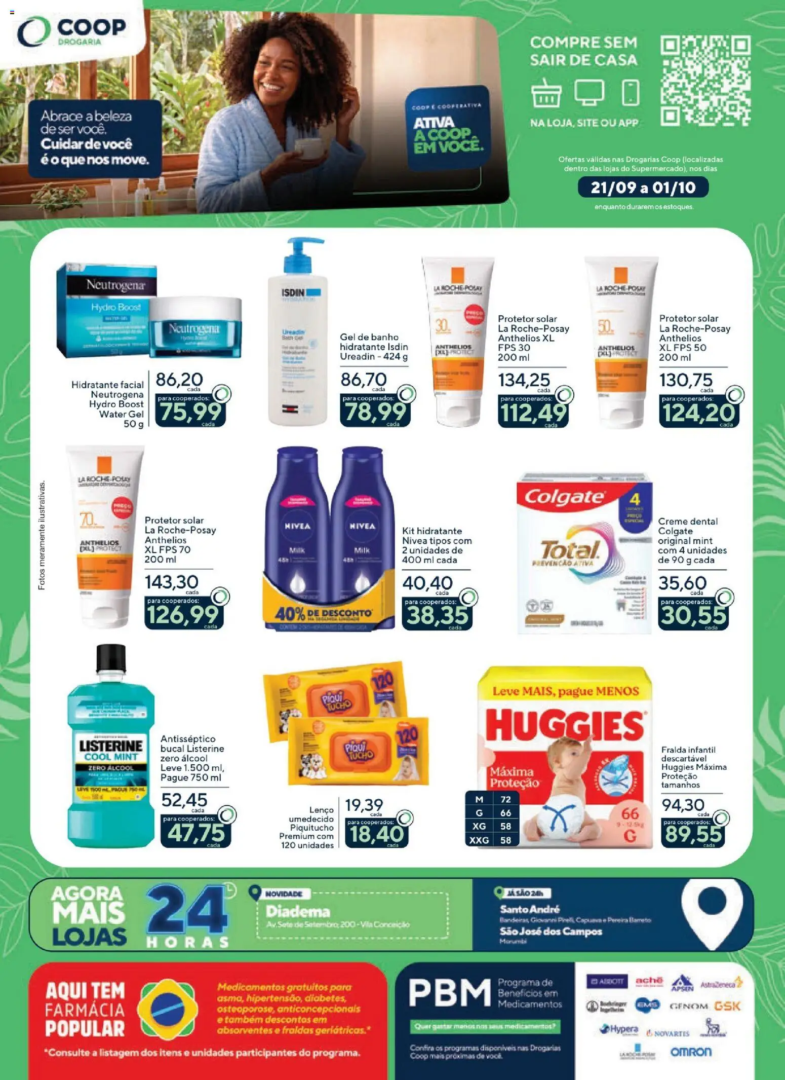 Pré-Visualização do folheto "Coop ofertas Drogaria" da loja Coop válido a partir de 09/10/2026 - Protetor solar, Anticoncepcionais, Fraldas, Álcool, Listerine, Lenço, Creme dental, Gel de banho