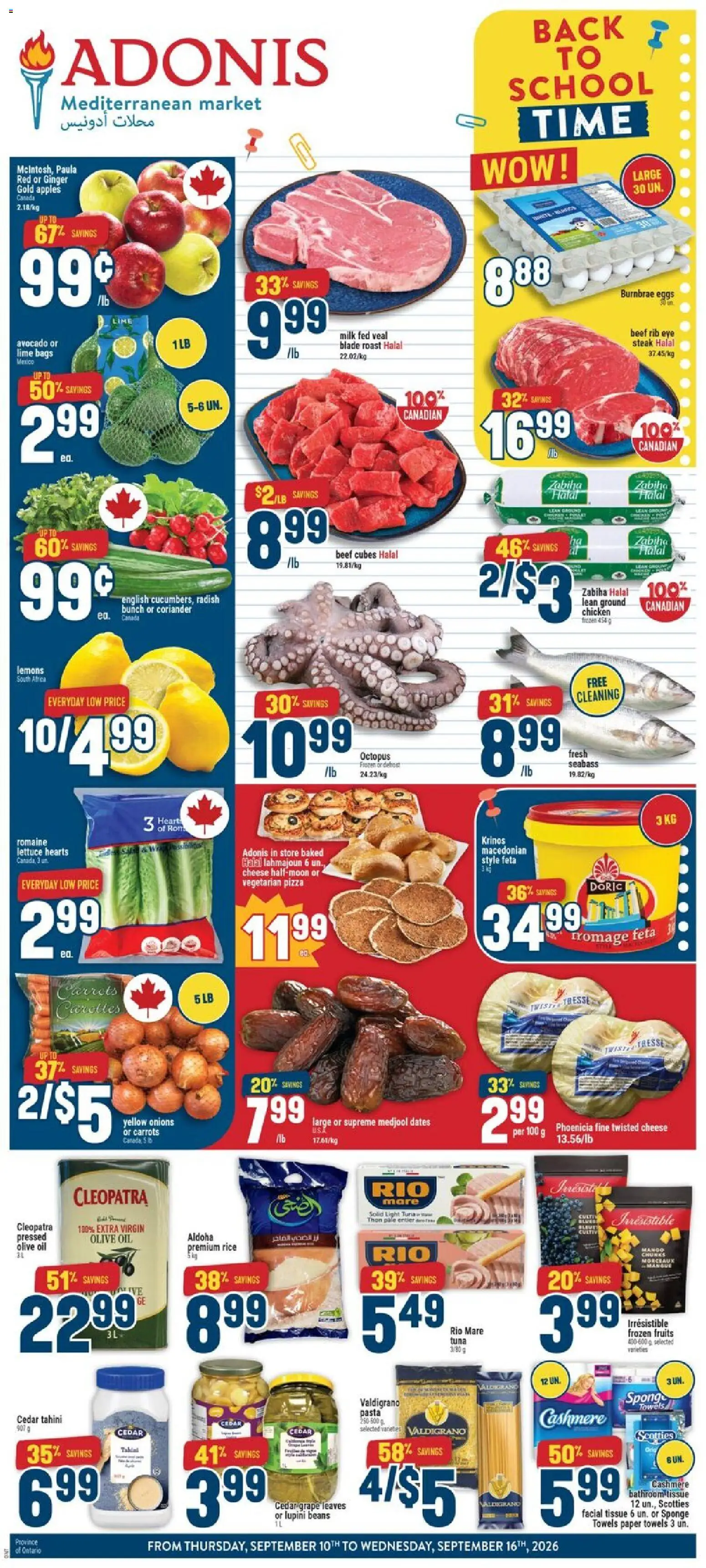 Preview of leaflet Adonis weekly flyer from shop Adonis is valid from Sep 10, 2026 - Apples, Chicken, Pasta, Steak, Avocado, Milk, Olive oil, Beef cubes