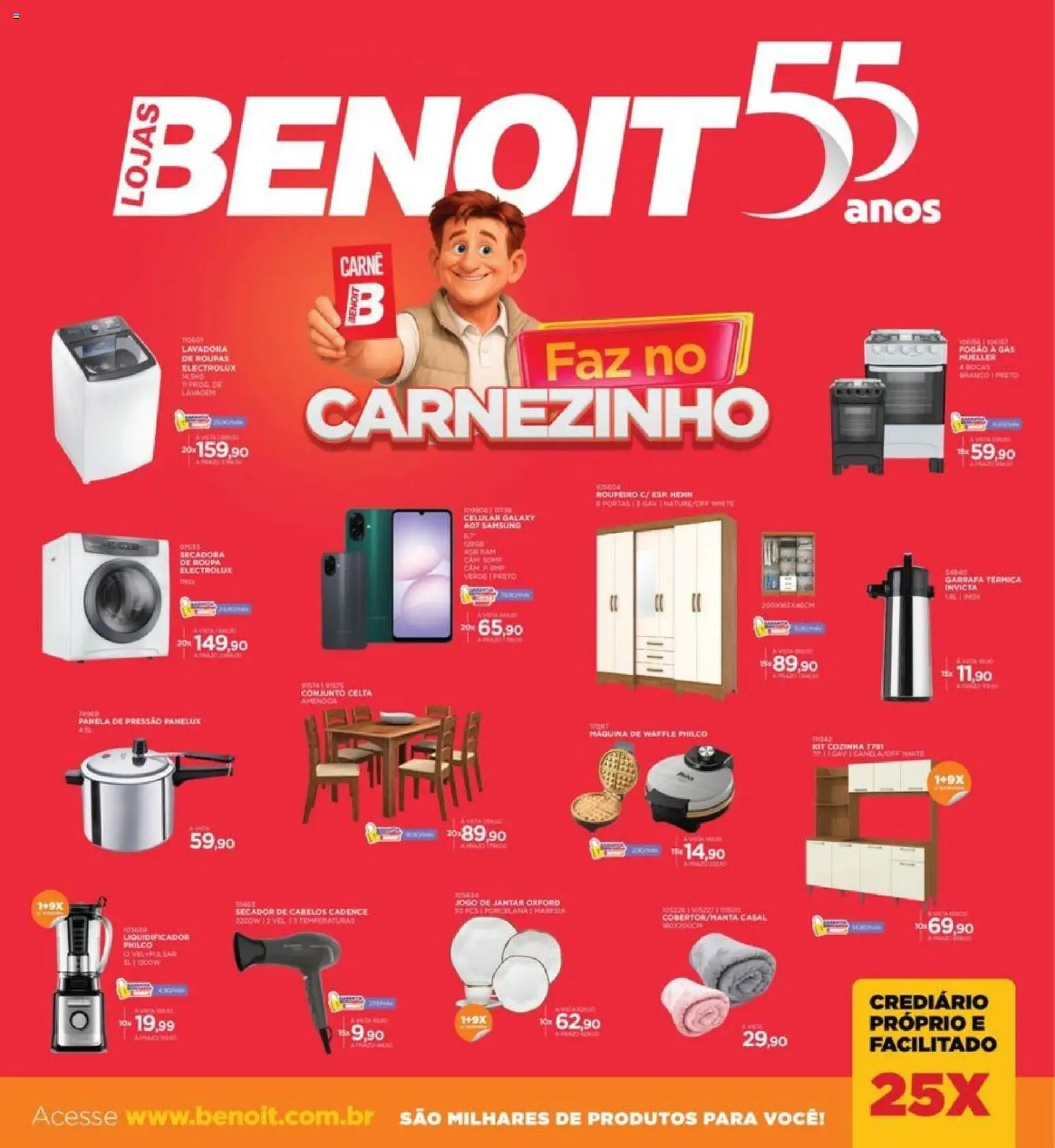 Pré-Visualização do folheto "Benoit ofertas Abril " da loja Benoit válido a partir de 01/04/2026 - Celular, Liquidificador, Panela de pressão, Portas, Carne, Secador, Panela, Máquina de waffle
