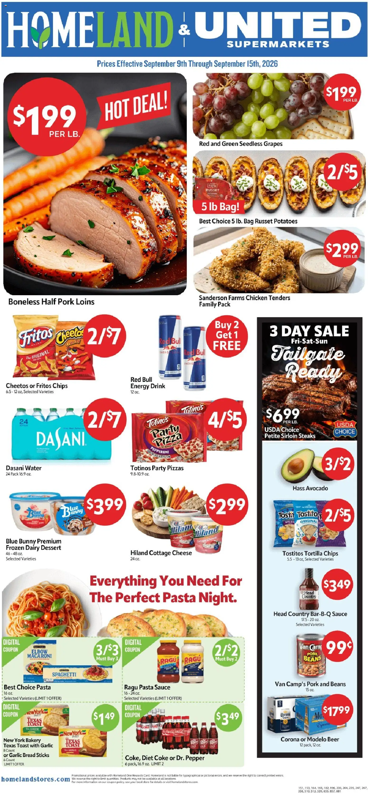 Ad Preview of Homeland Homeland Weekly Ad from 09/09/2026 - Pizza, Dessert, Beer, Pasta, Cheese, Energy drink, Sauce, Chicken