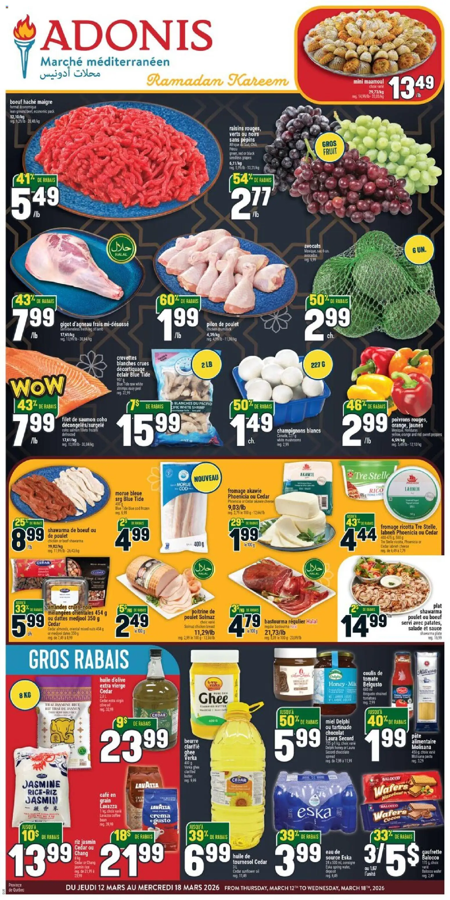 Preview of leaflet Adonis circulaire from shop Adonis is valid from Mar 12, 2026 - Coffee, Pasta, Fruit, Salmon, Shrimp, Oil, Rice, Raisins