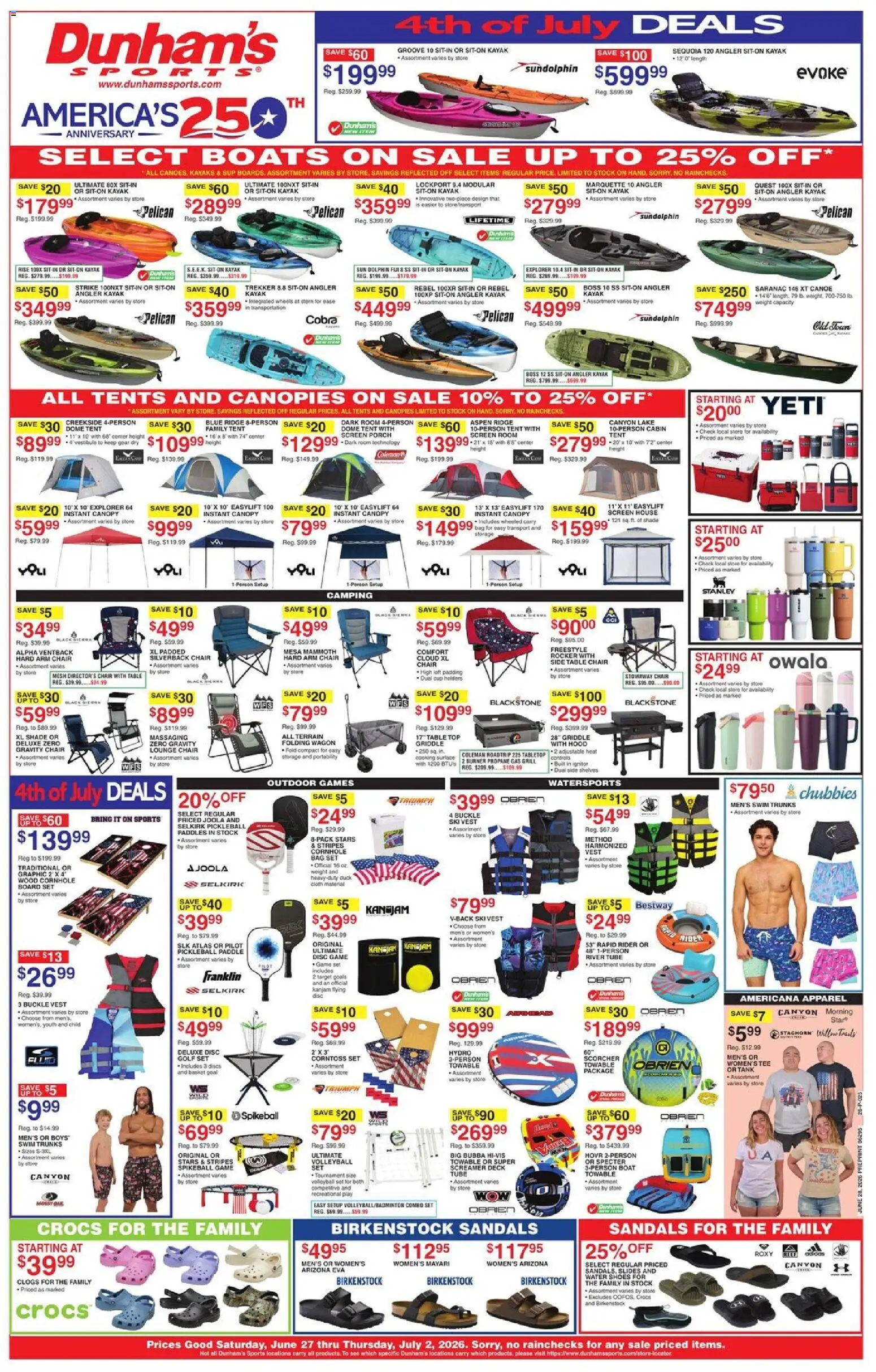 Ad Preview of Dunham's Sports Dunham's Sports Weekly Ad from 06/27/2026 - Game, Box, Canoe, Vest, Gas grill, Griddle, Ridge, Lounge chair