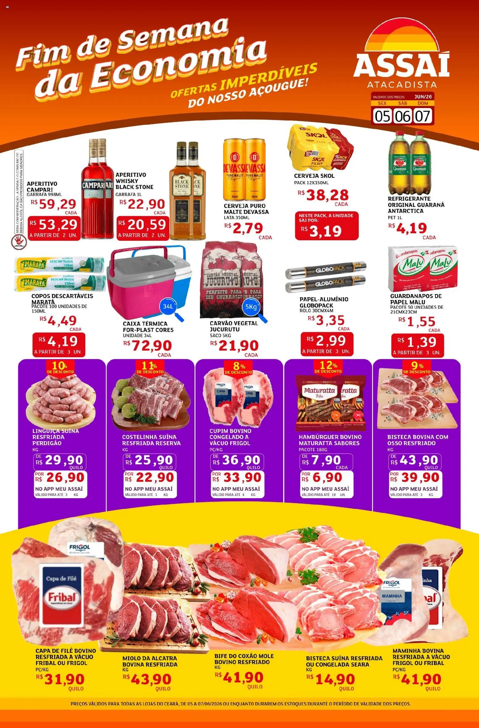Pré-Visualização do folheto "Assaí Atacadista ofertas - CE" da loja Assaí Atacadista válido a partir de 05/06/2026 - Caixa, Campari, Bebida, Álcool, Refrigerante, Caixa térmica, Copos, Maminha