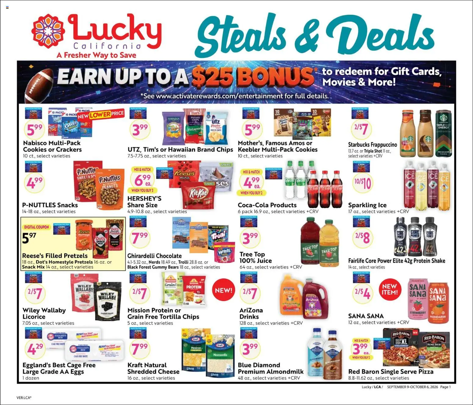Ad Preview of Lucky Supermarkets Lucky Supermarkets Online Savings Guide from 09/09/2026 - Cookies, Ice, Eggs, Snacks, Juice, Oreo, Crackers, Tortilla chips