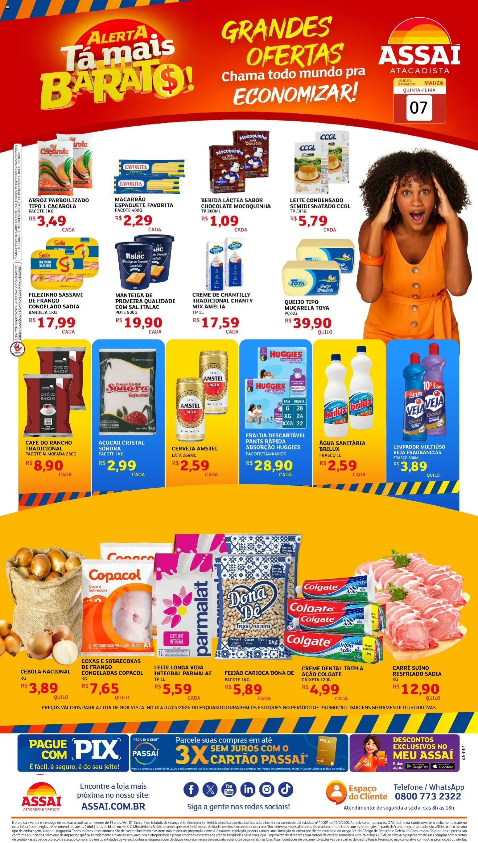 Pré-Visualização do folheto "Assaí Atacadista ofertas - RR" da loja Assaí Atacadista válido a partir de 07/05/2026 - Telefone, Base, Chantilly, Caçarola, Água sanitária, Espaguete, Leite longa vida, Limpador multiuso