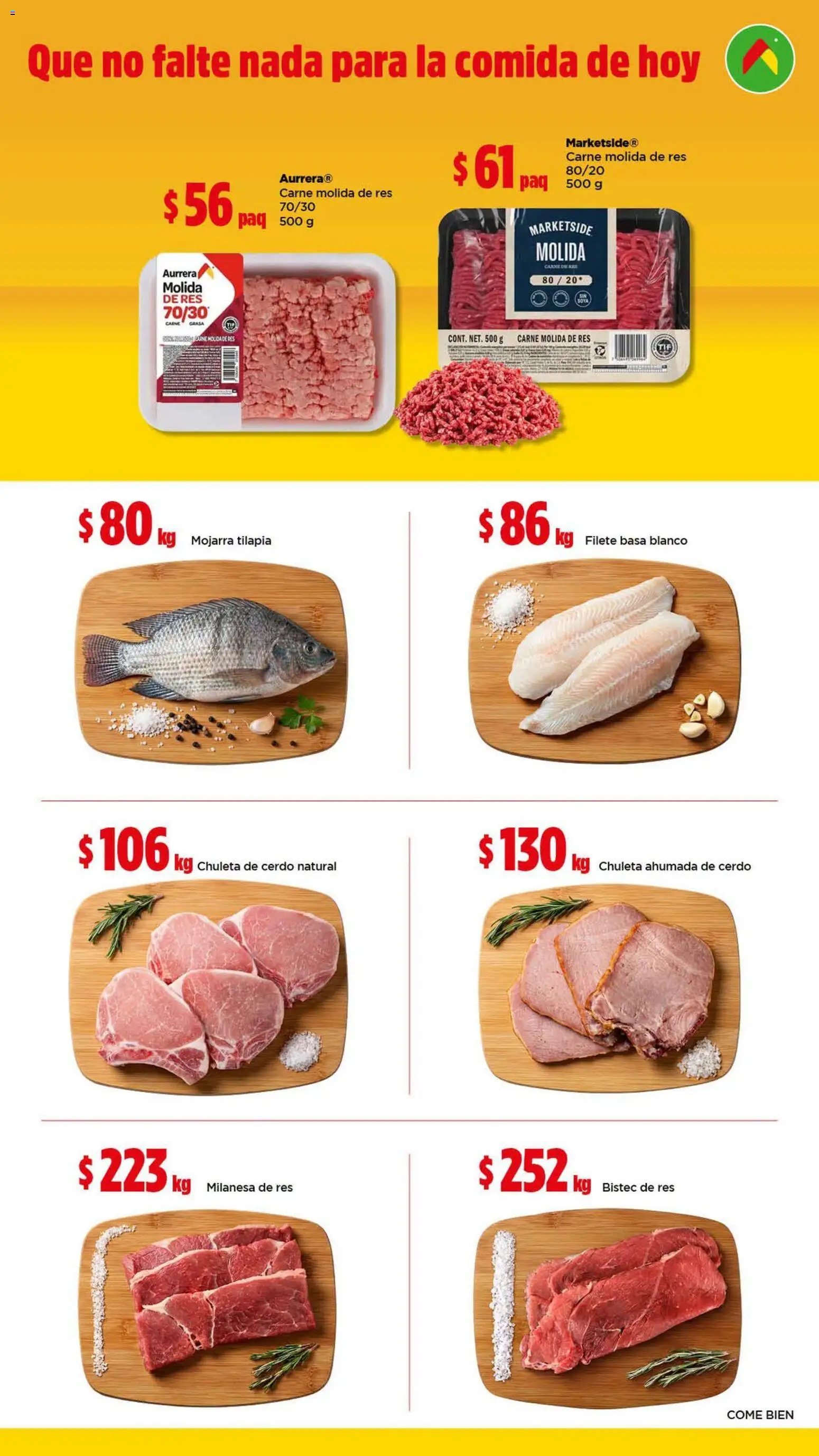 Vista previa las ofertas de la tienda Bodega Aurrerá - Bodega Aurrerá Los esenciales para tu familia con precios que no se tocan desde el 21/09/2026 - Cerdo, Tilapia, Milanesa, Chuleta ahumada, Res, Chuleta, Carne de res, Filete