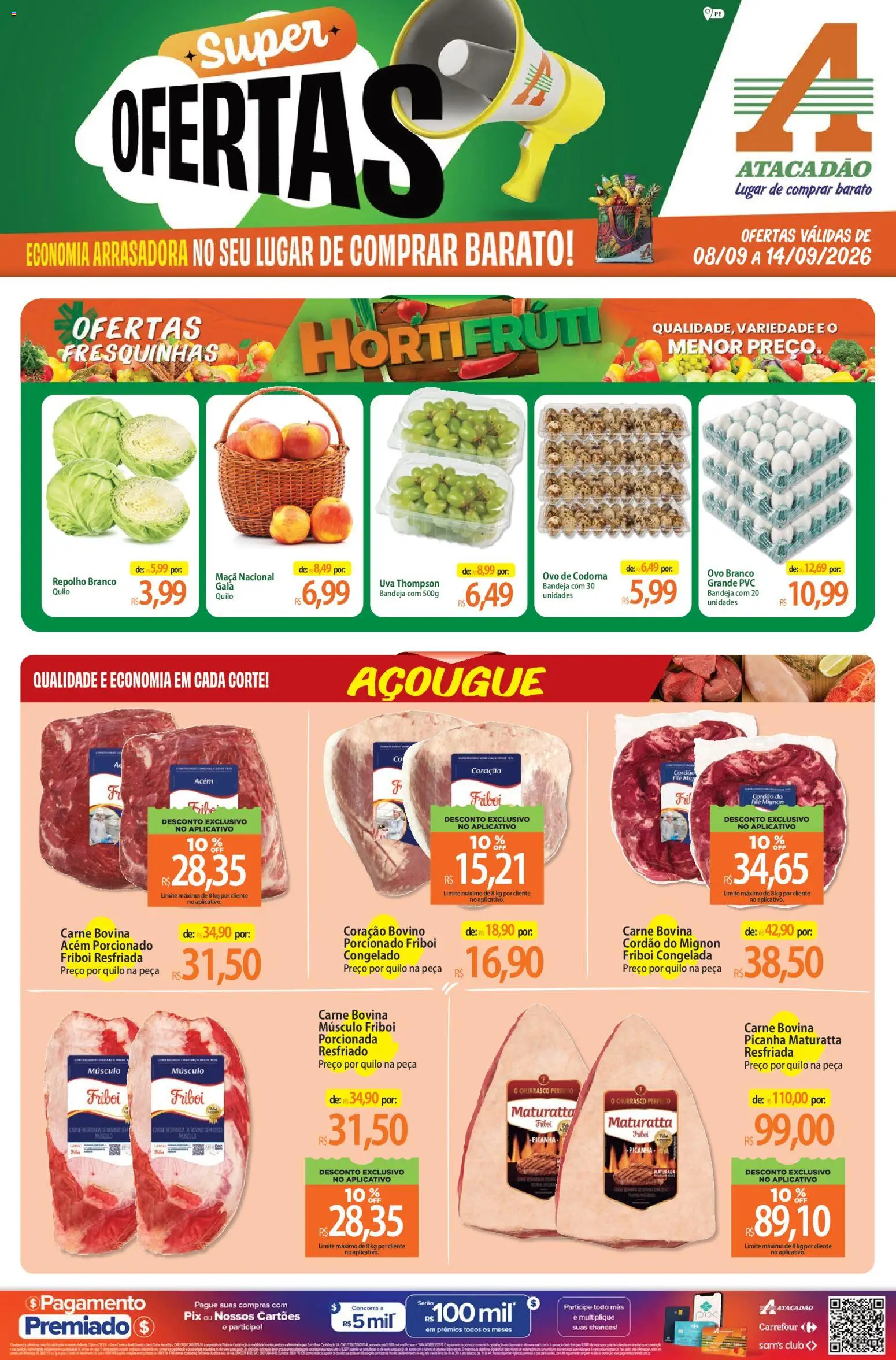 Pré-Visualização do folheto "Atacadão ofertas - PE" da loja Atacadão válido a partir de 08/09/2026 - Uva, Picanha, Carne, Repolho, Bandeja, Carne bovina, Acém, Repolho branco