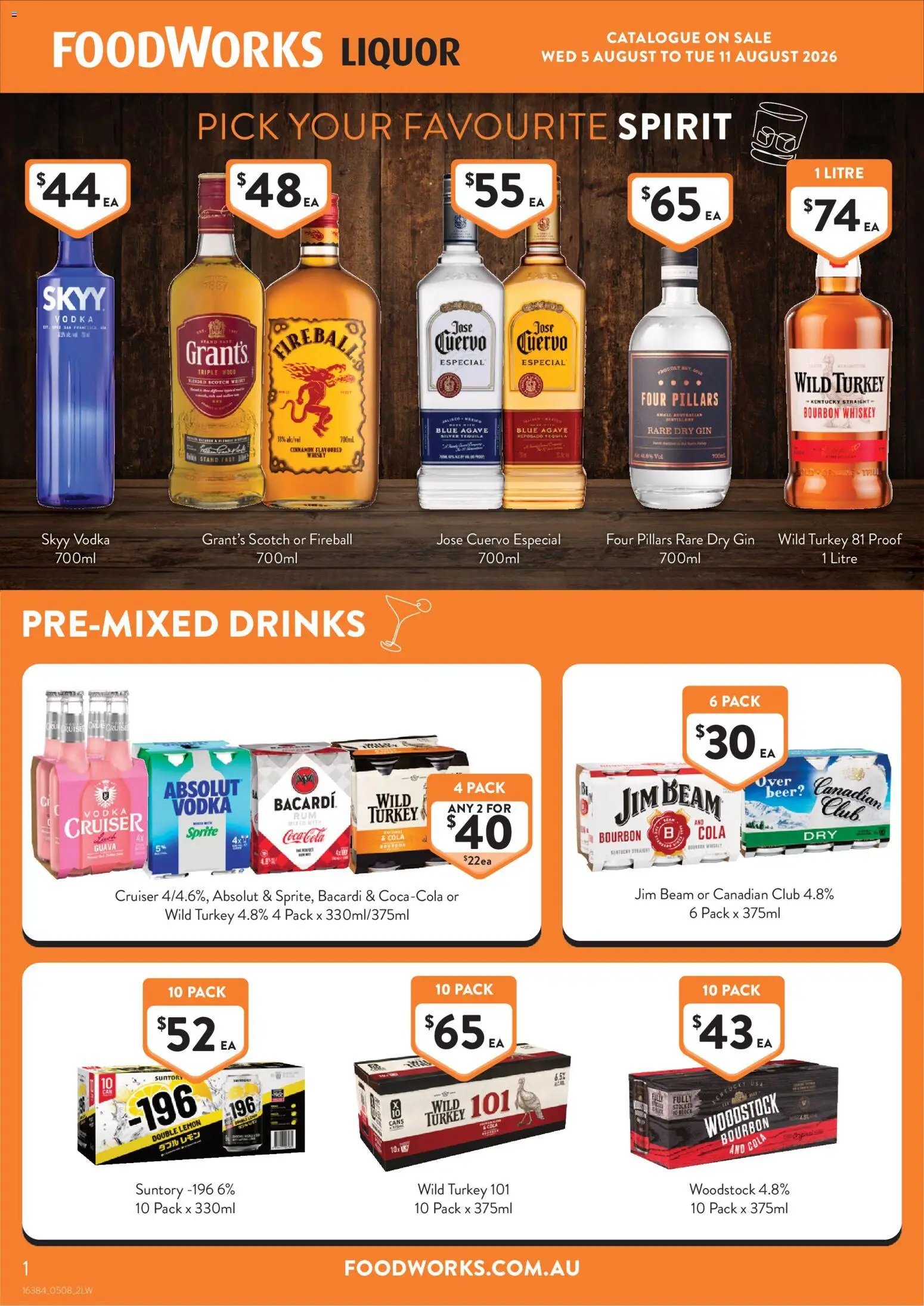 Preview of catalogue Foodworks Liquor from shop Foodworks valid 05/08/2026 - Drinks, Bourbon, Vodka, Whiskey, Lemon, Scotch, Turkey, Bacardi