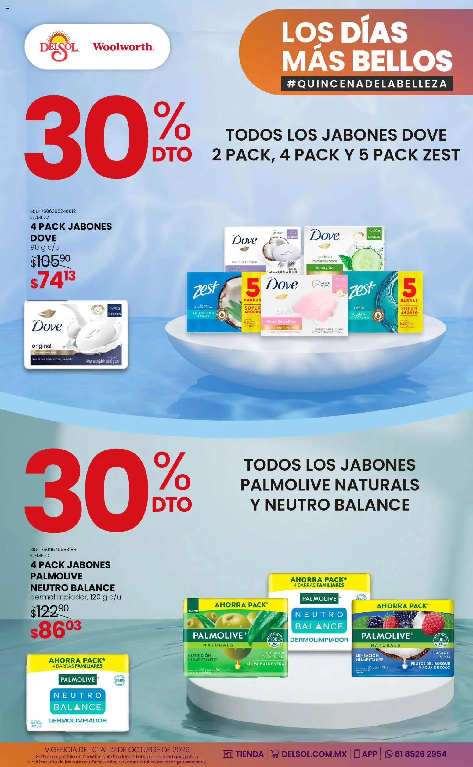 Vista previa las ofertas de la tienda Del Sol y Woolworth - Del Sol y Woolworth catálogo Los días más bellos - Quincena Belleza desde el 01/10/2026 - Agua, Coco, Jabón, Aloe Vera, Agave, Frutos del bosque