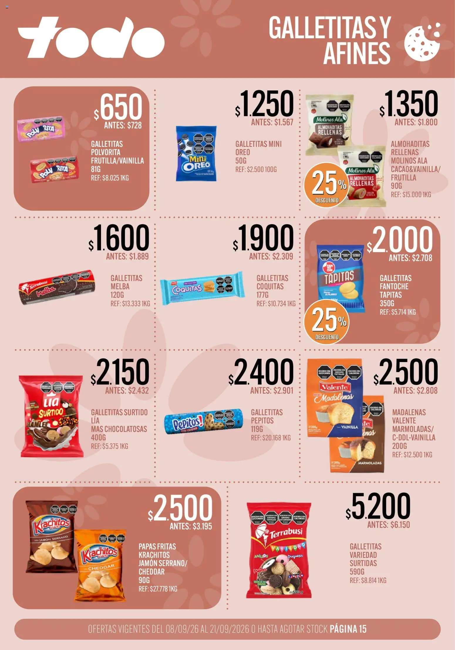 Vista previa del folleto de la tienda Supermercados TODO válido desde el 08/09/2026 - Papas, Papas fritas, Galletitas, Frutilla, Oreo, Vainilla, Jamón, Jamón Serrano
