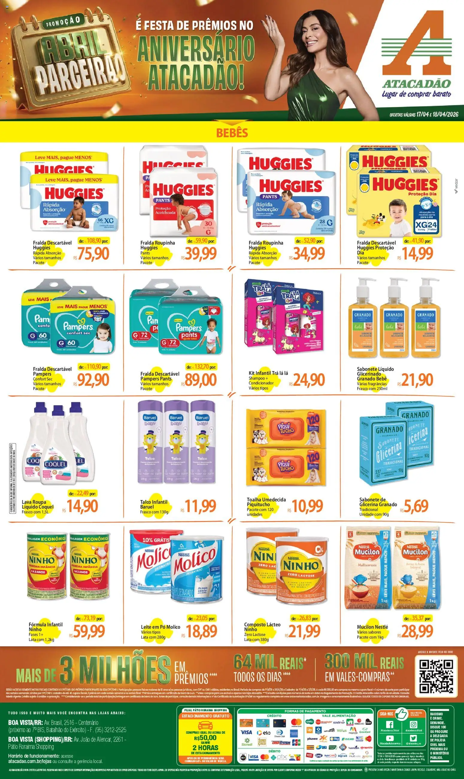 Pré-Visualização do folheto "Atacadão ofertas - RR" da loja Atacadão válido a partir de 17/04/2026 - Fraldas, Arroz, Leite, Sabonete líquido, Pó, Condicionador, Talco, Fórmula infantil