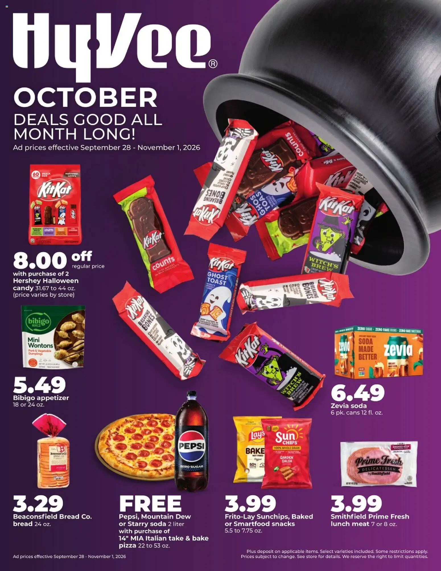 Ad Preview of HyVee HyVee Monthly Ad from 09/28/2026 - Pizza, Candy, Chips, Dumplings, Bread, Sugar, Pork, Vanilla