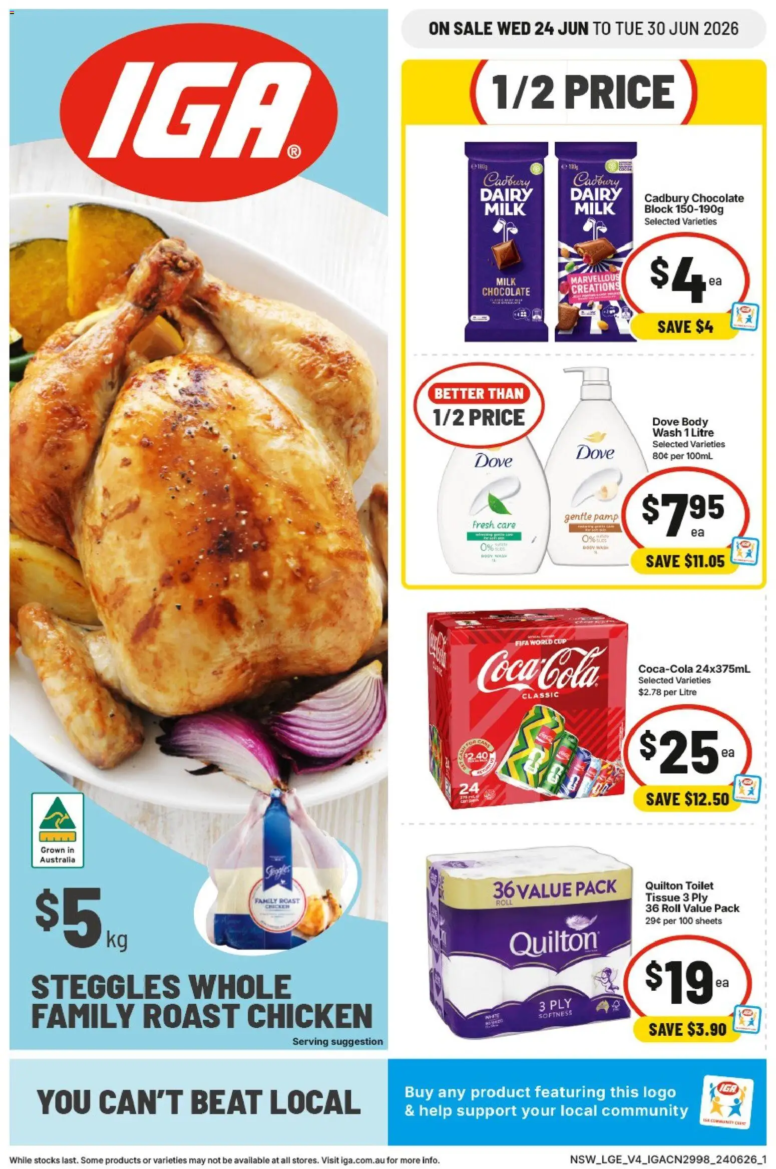 Preview of catalogue IGA catalogue NSW from shop IGA valid 24/06/2026 - Toilet, Milk, Dairy, Chocolate, Chicken, Roast