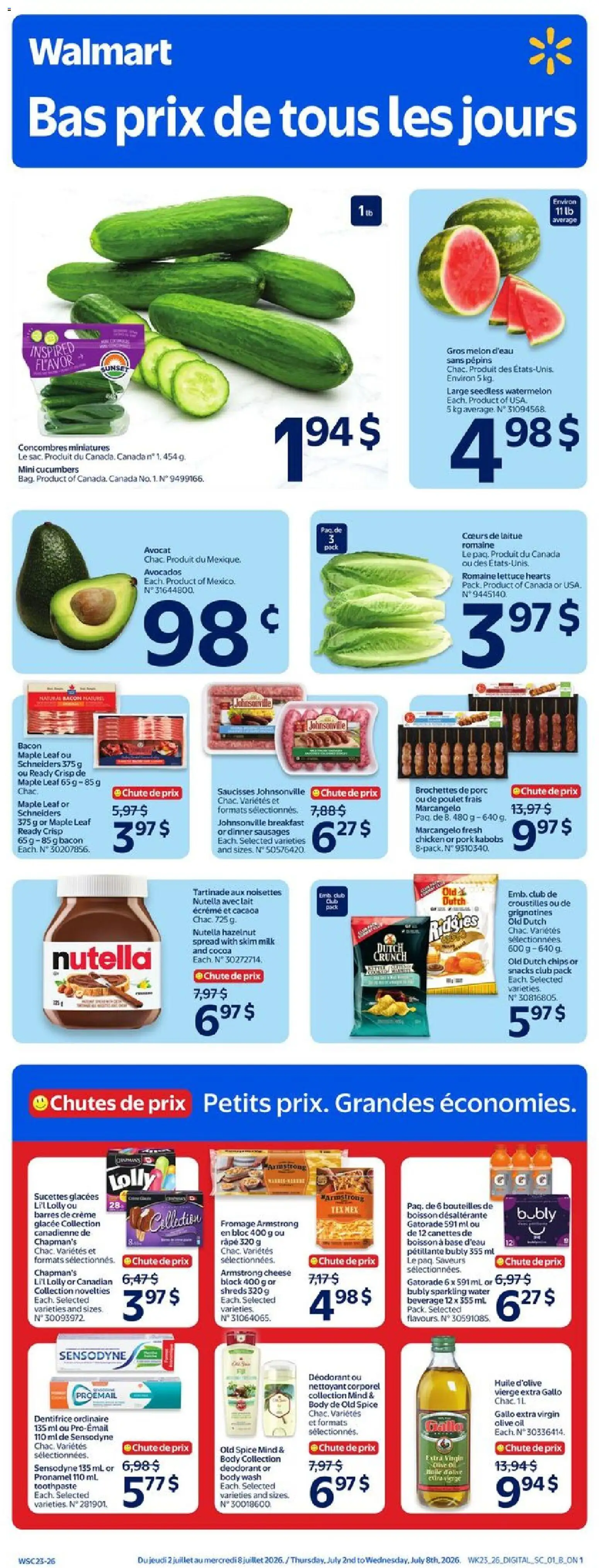 Preview of leaflet Walmart circulaire from shop Walmart is valid from Jul 02, 2026 - Water, Cocoa, Milk, Bacon, Pork, Body wash, Sports drink, Seedless watermelon