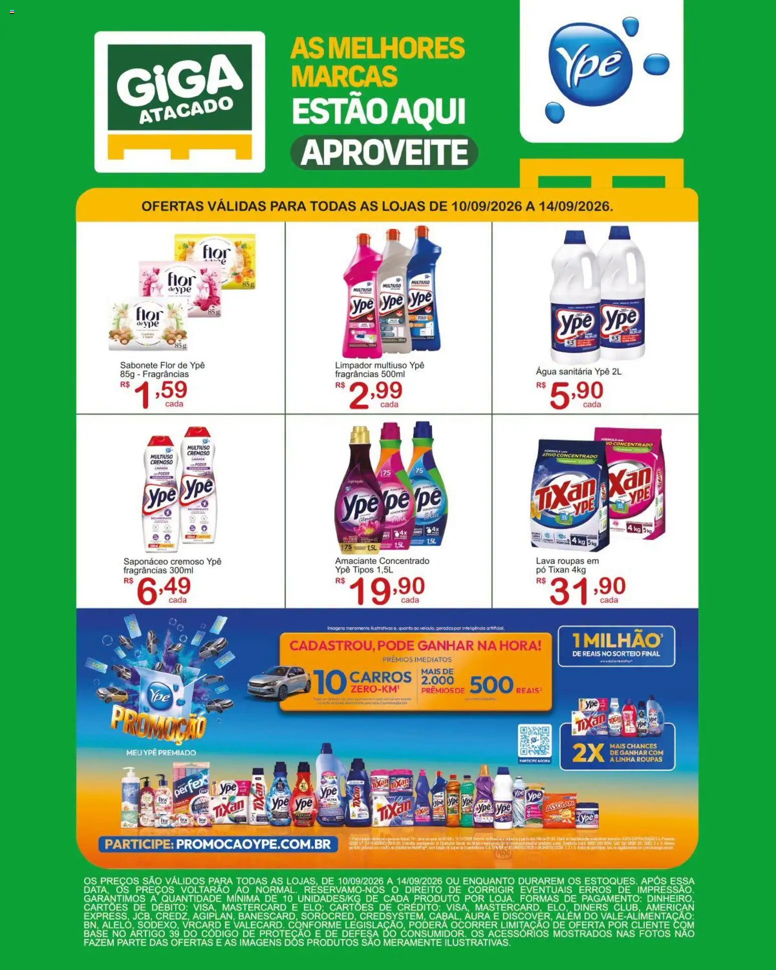 Pré-Visualização do folheto "GIGA Atacado ofertas Ypê" da loja GIGA Atacado válido a partir de 10/09/2026 - Água, Roupas, Base, Sabonete, Amaciante, Pó, Água sanitária, Saponáceo