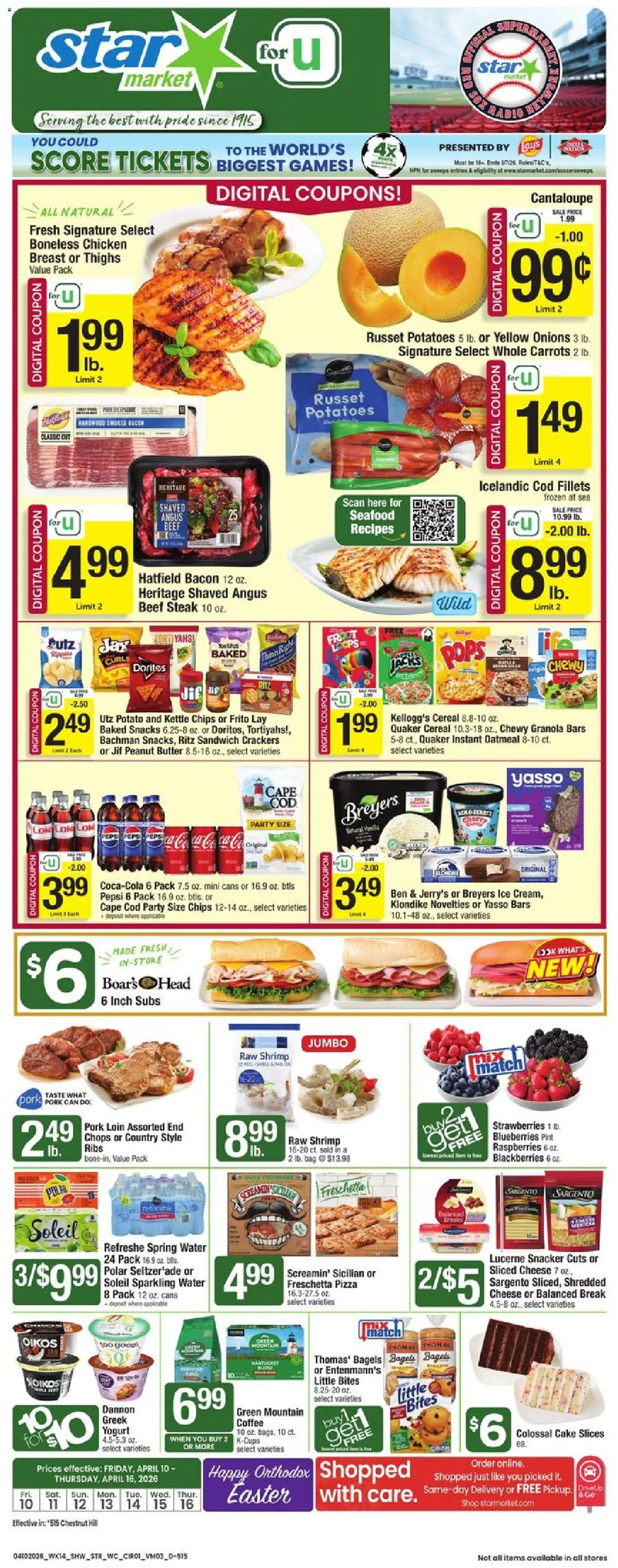 Ad Preview of Star Market Star Market Weekly Ad from 04/10/2026 - Ice, Steak, Cheese, Potatoes, Pork loin, Spring water, Beef steak, Sliced cheese