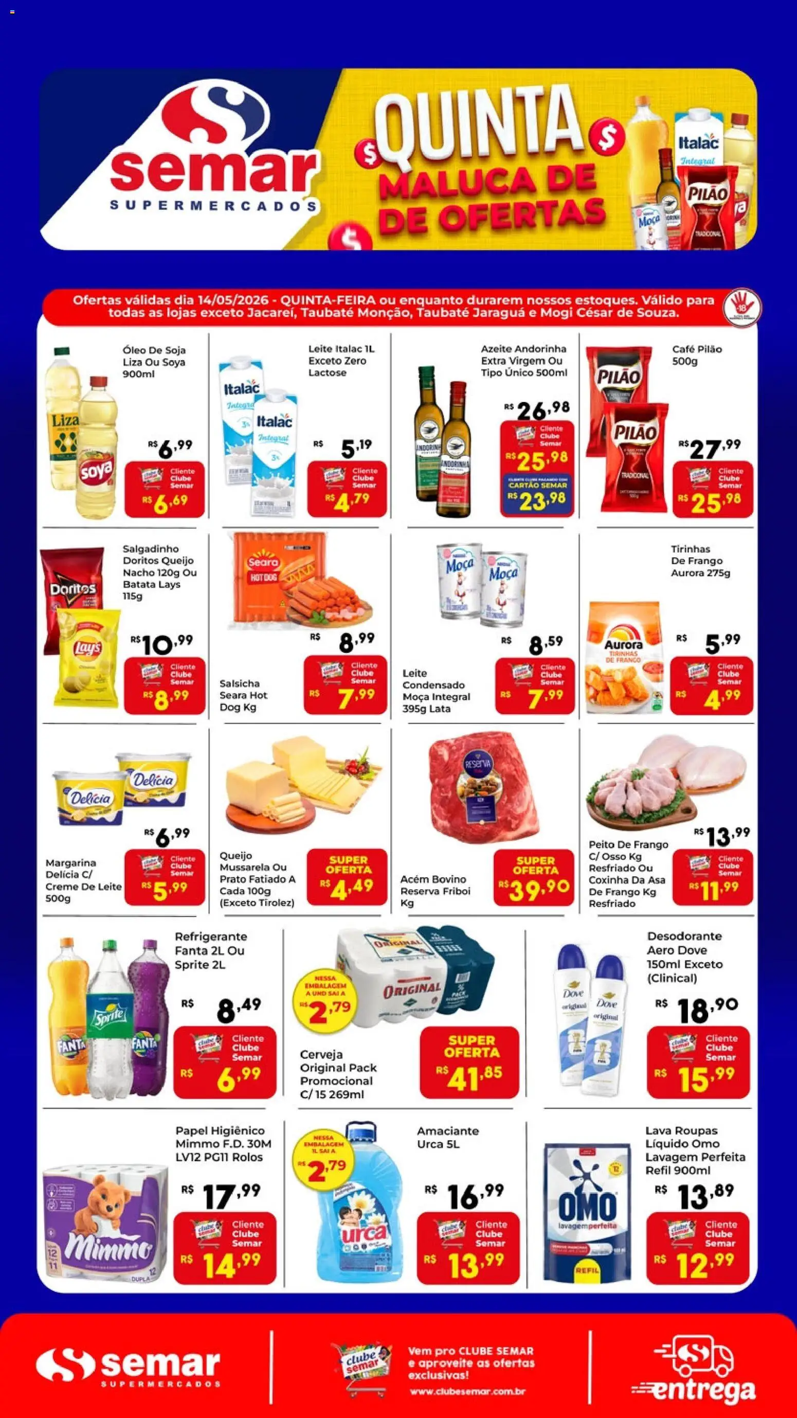 Pré-Visualização do folheto "Semar Supermercado ofertas Quinta Maluca" da loja Semar Supermercado válido a partir de 14/05/2026 - Roupas, Desodorante, Frango, Soja, Peito de frango, Amaciante, Café pilão, Acém