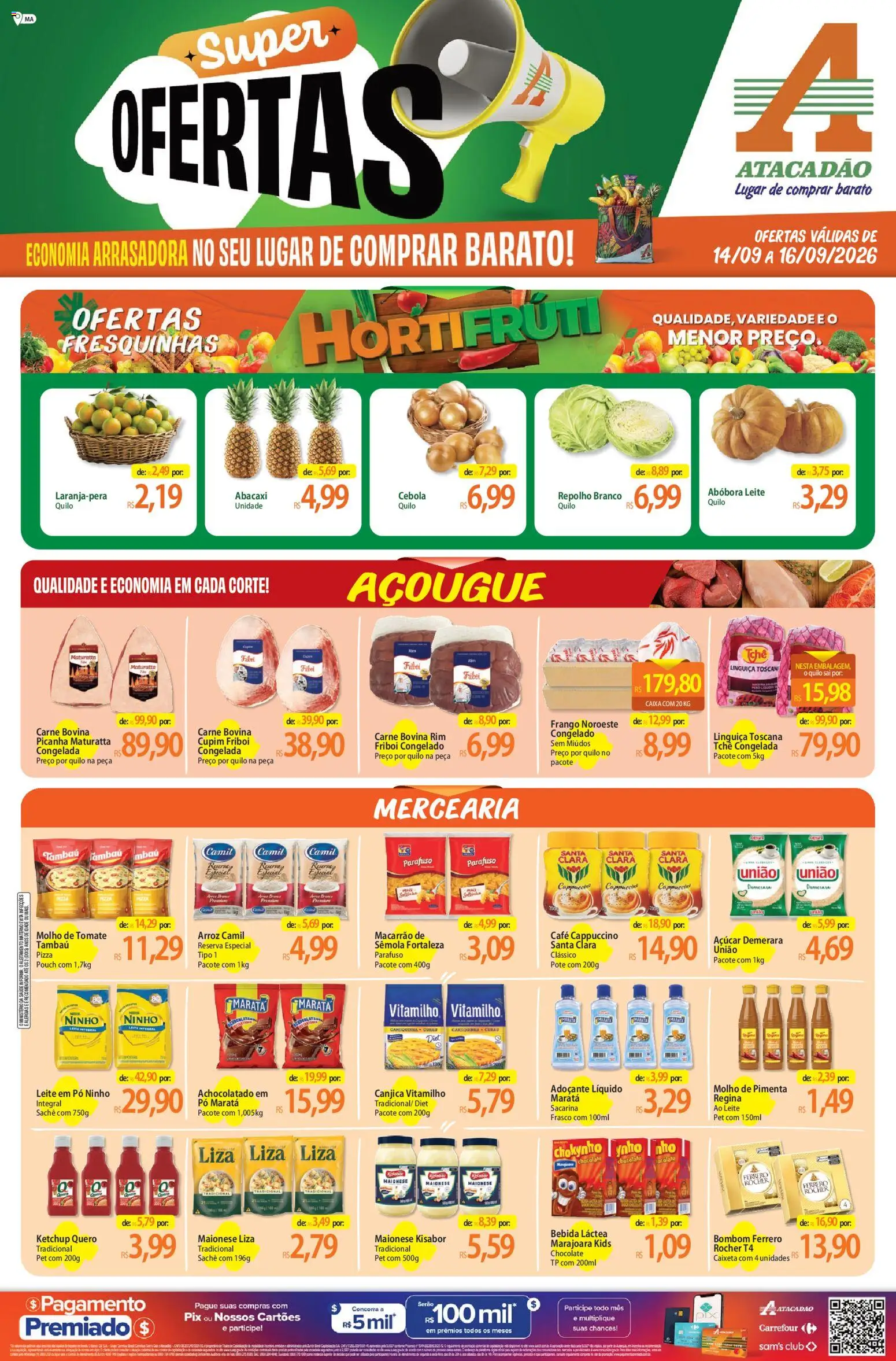 Pré-Visualização do folheto "Atacadão ofertas - MA" da loja Atacadão válido a partir de 14/09/2026 - Leite, Ketchup, Maionese, Cebola, Pó, Repolho, Carne bovina, Açúcar demerara