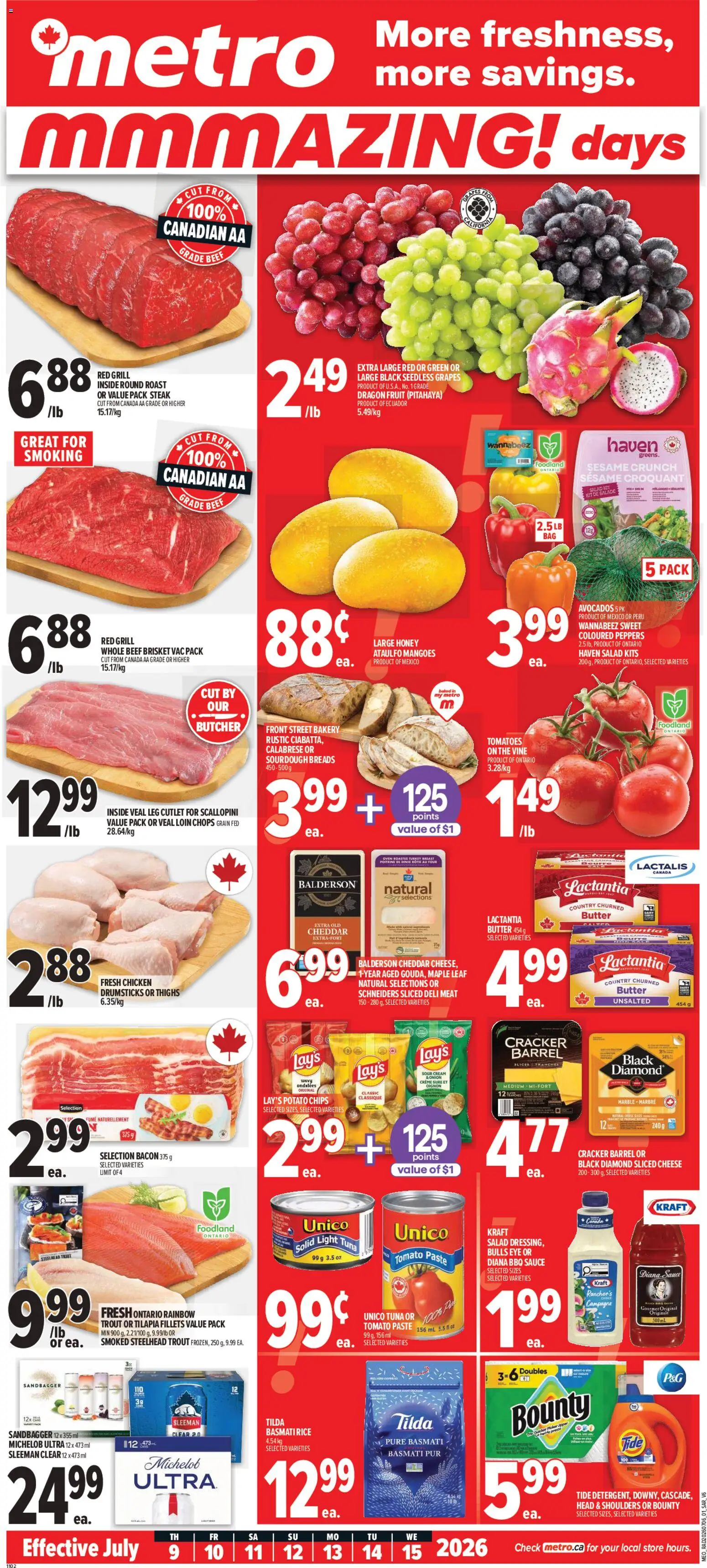 Preview of leaflet Metro weekly flyer - Saint-Augustin-De-Desmaures from shop Metro is valid from Jul 09, 2026 - Turkey, Meat, Tomatoes, Beef, Tuna, Oven, Basmati rice, Sour cream