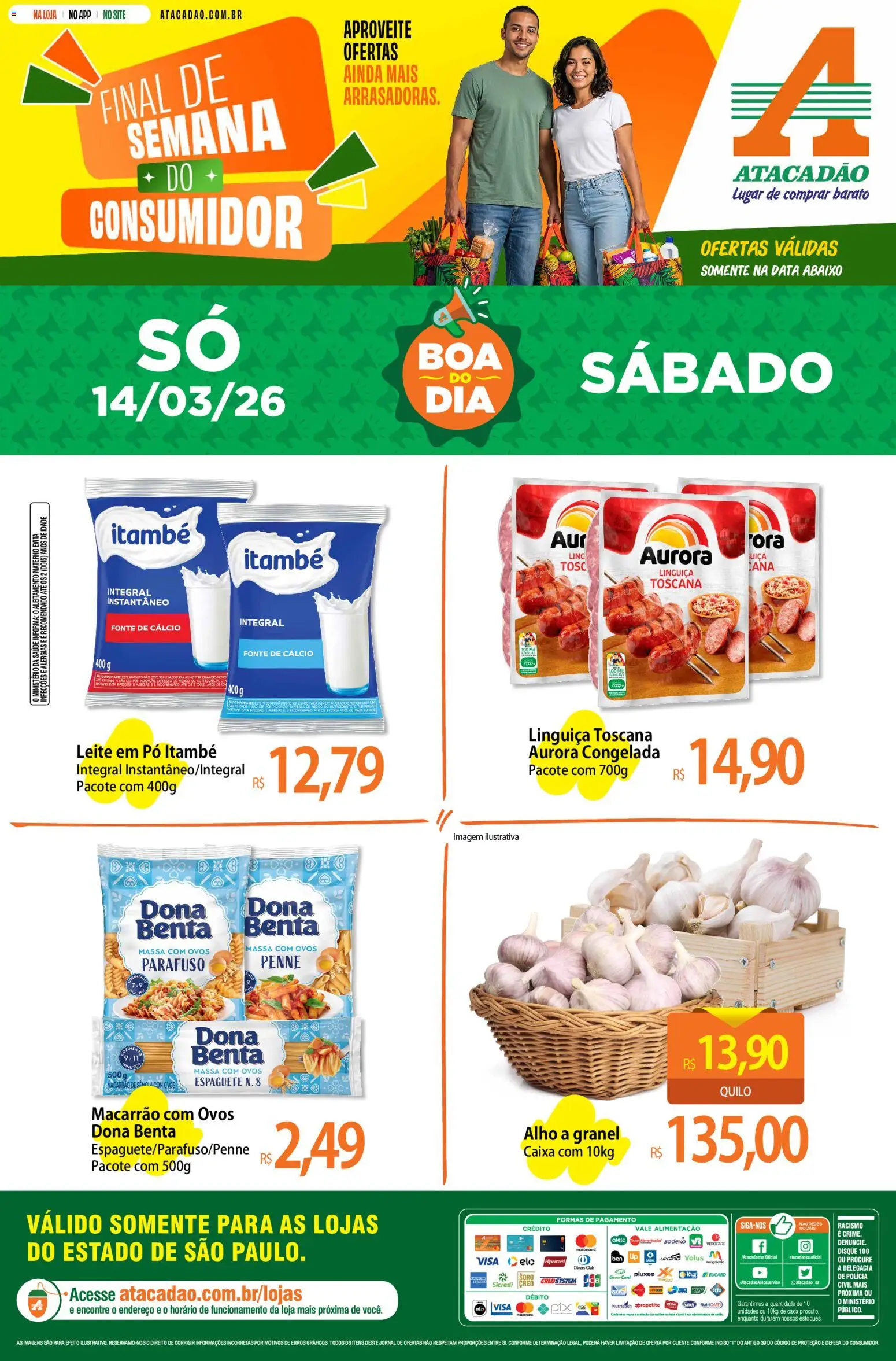 Pré-Visualização do folheto "Atacadão ofertas - SP" da loja Atacadão válido a partir de 14/03/2026 - Caixa, Macarrão, Ovos, Leite, Linguiça, Alho, Espaguete, Cálcio