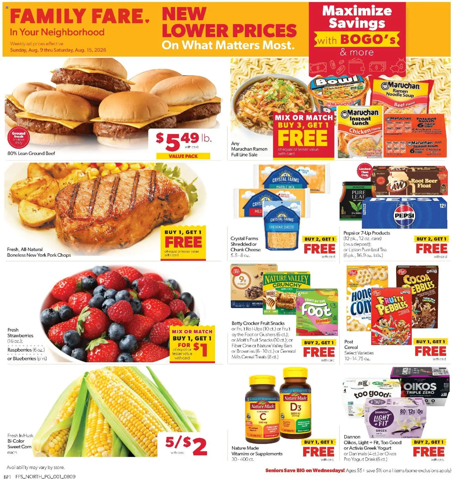 Ad Preview of Family Fare Family Fare Weekly Ad - MI from 08/09/2026 - Cocoa, Tea, Snacks, Fruit, Corn, Sugar, Greek yogurt, Chicken