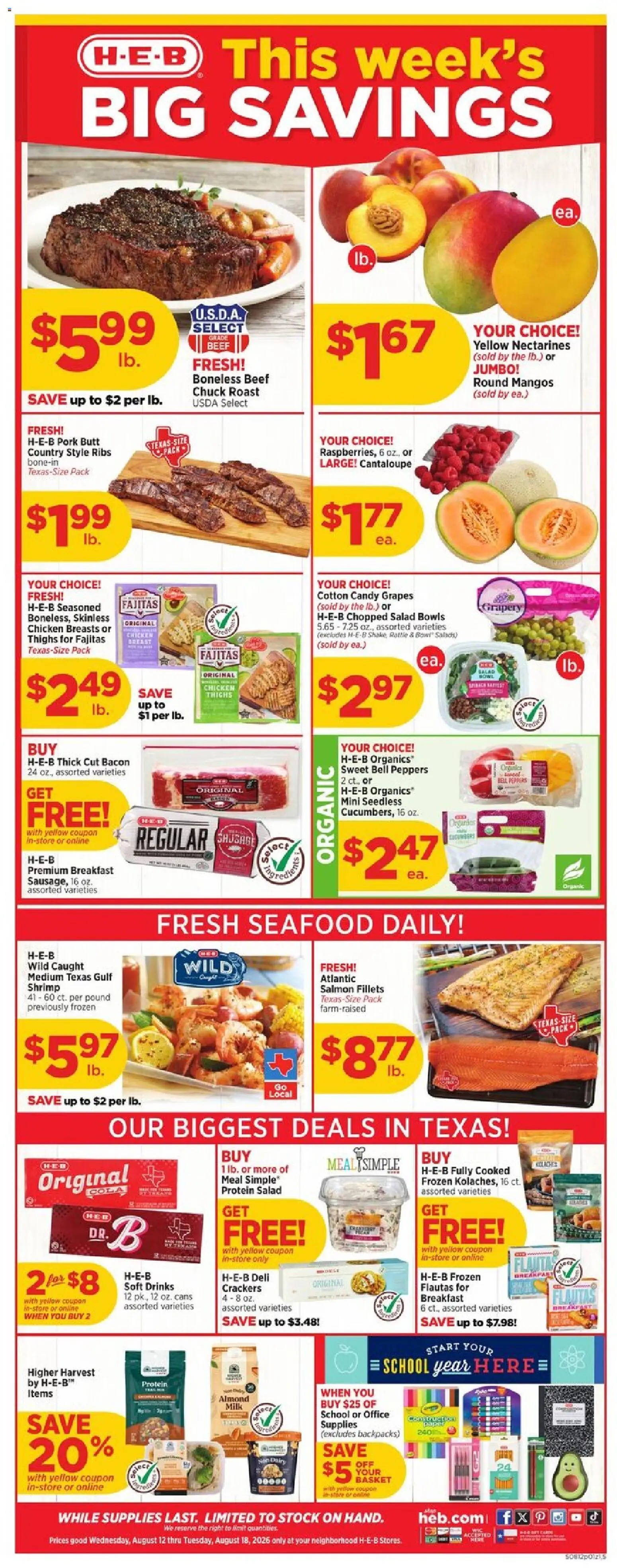 Ad Preview of H-E-B H-E-B Weekly Ad from 08/12/2026 - Candy, Peppers, Grapes, Beef, Crackers, Pork, Nectarines, Chicken