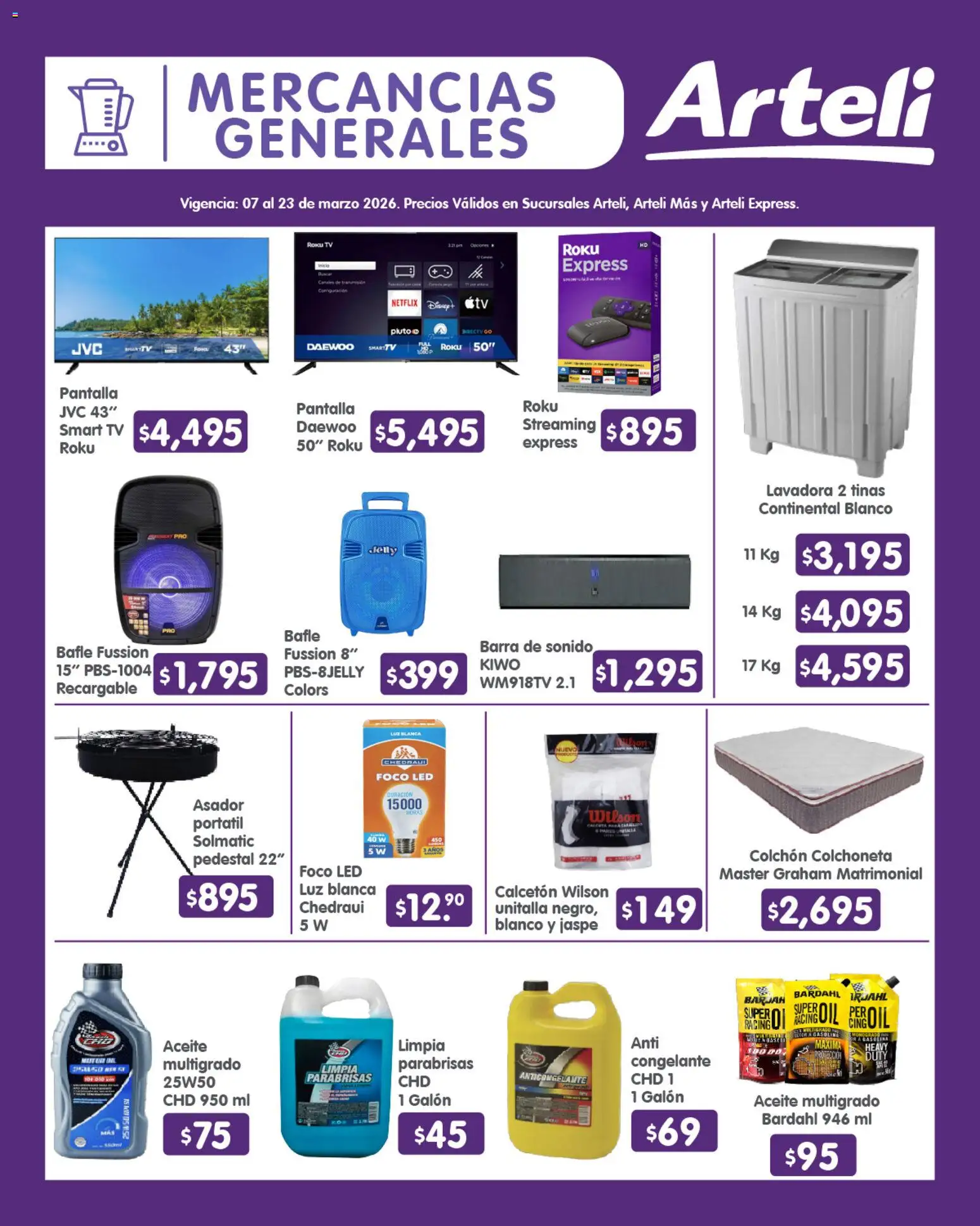 Vista previa las ofertas de la tienda Arteli - Arteli folleto Quincenal desde el 07/03/2026 - Lavadora, Colchón, Asador, Aceite, Foco, Barra de sonido, Colchoneta, Barra