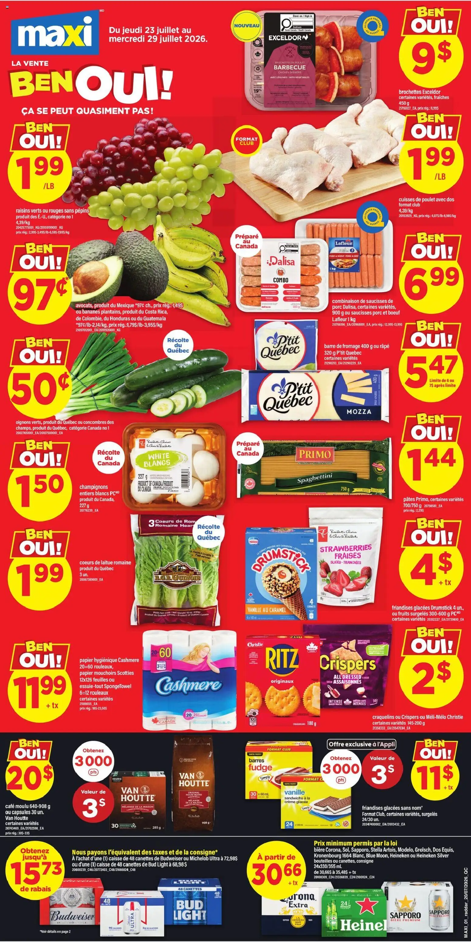 Preview of leaflet Maxi weekly flyer / circulaire from shop Maxi is valid from Jul 23, 2026 - Chicken, Mushrooms, Strawberries, Vegetables, Raisins, Heineken, Capsules
