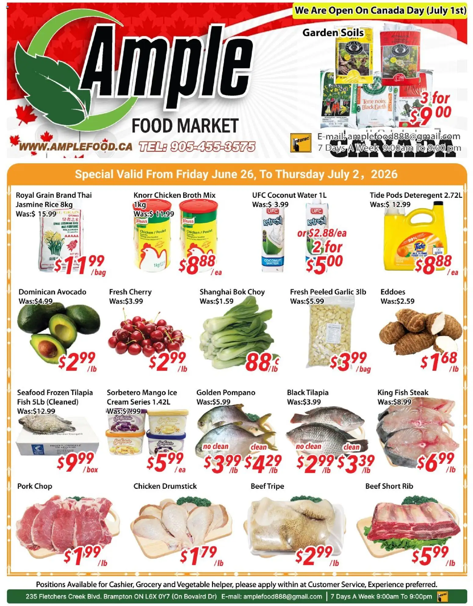 Preview of leaflet Ample Food Market weekly flyer Brampton from shop Ample Food Market is valid from Jun 26, 2026 - Mango, Chicken, Fish, Ice, Coconut, Tilapia, Pork, Chicken broth