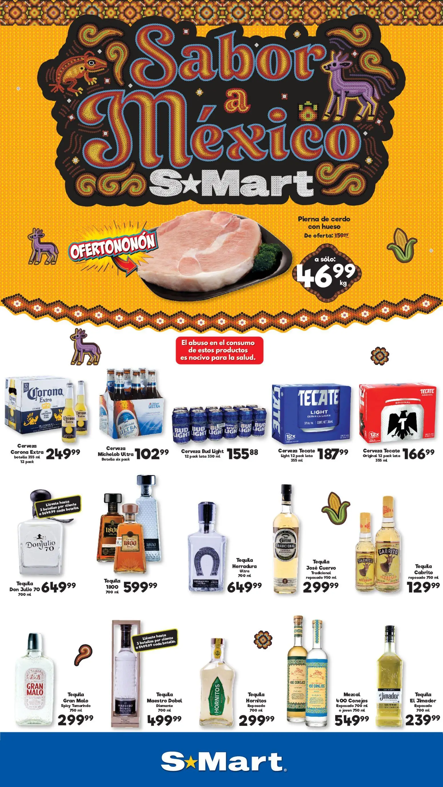 Vista previa las ofertas de la tienda S-Mart - S-Mart folleto Ofertas de feria Monterrey desde el 11/09/2026 - Tequila, Cerveza, Cerdo, Cerveza Corona, Botella, Pierna de cerdo, Corona Extra