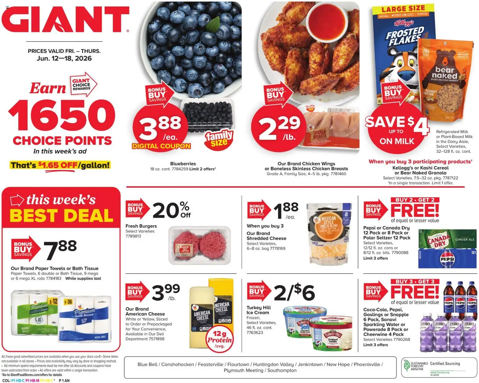 Ad Preview of Giant Giant Weekly Ad from 06/12/2026 - Ice, Cheese, Milk, Butter, Pepsi, Peanut butter, Bag, Bath