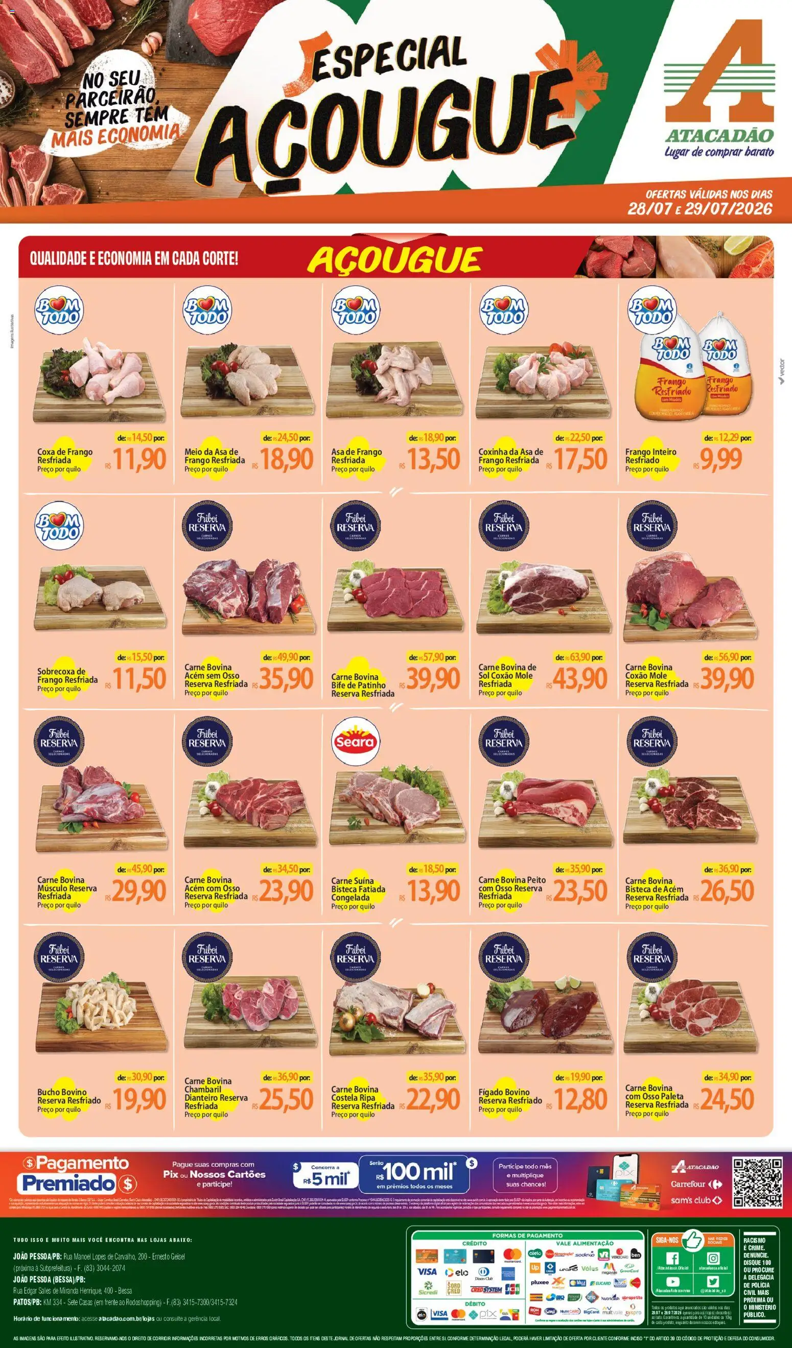 Pré-Visualização do folheto "Atacadão ofertas - PB" da loja Atacadão válido a partir de 28/07/2026 - Frango, Carne bovina, Asa de frango, Acém, Frango inteiro, Frango resfriado, Carne bovina músculo, Coxão mole