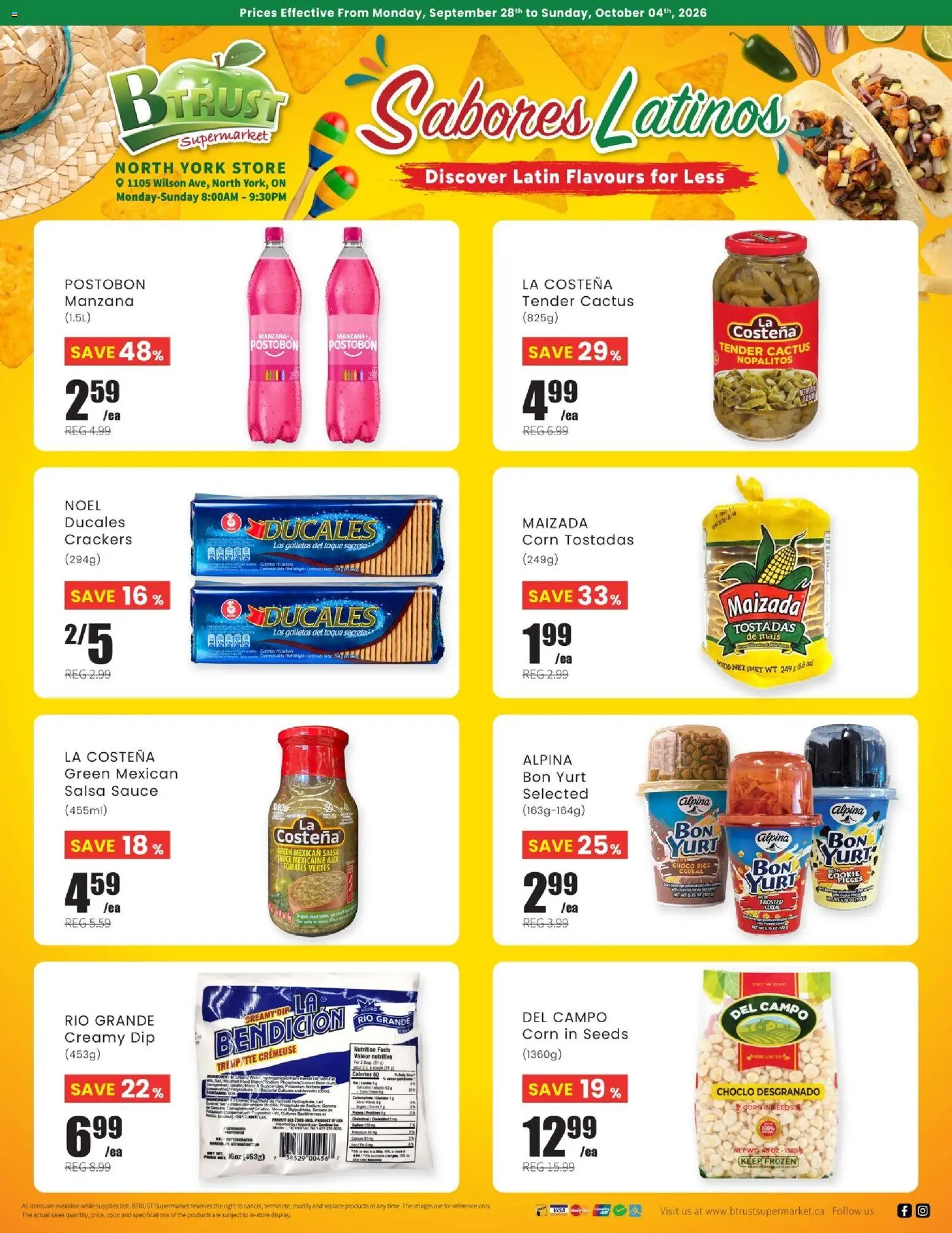 Preview of leaflet Btrust Supermarket flyer - North York Latin Specials from shop Btrust Supermarket is valid from Sep 28, 2026 - Food, Hat, Rice, Corn, Crackers