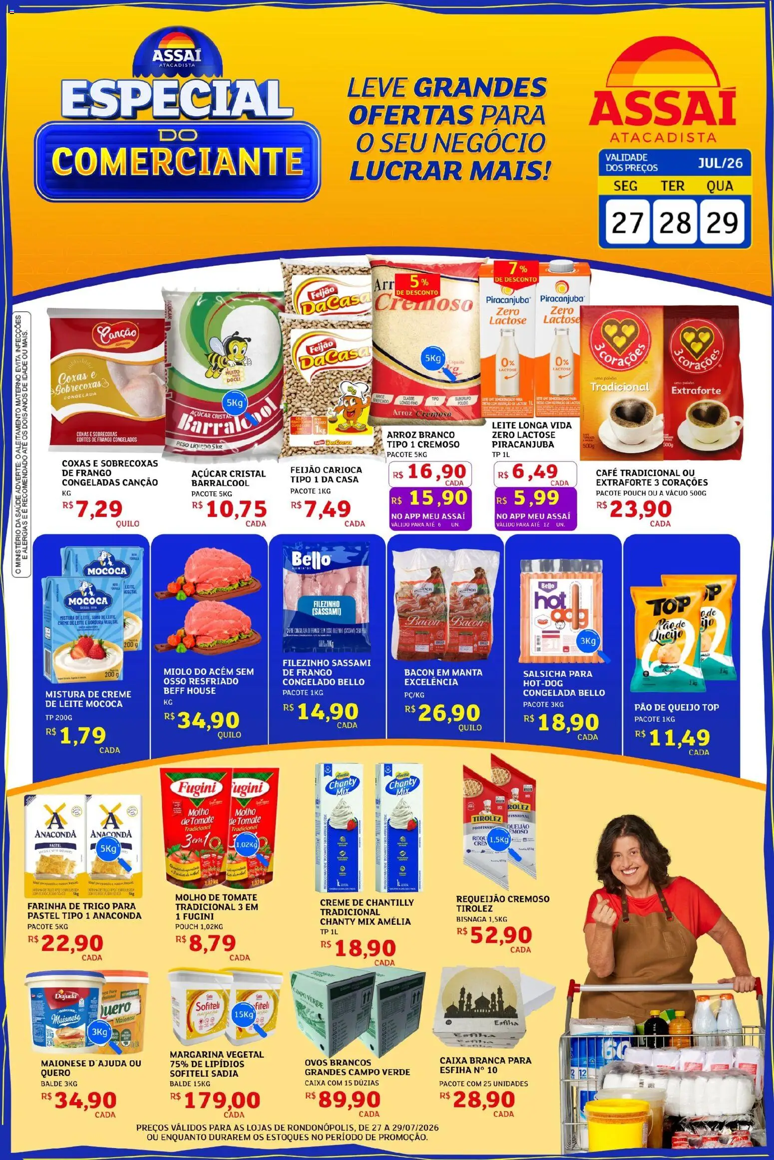 Pré-Visualização do folheto "Assaí Atacadista ofertas - MT" da loja Assaí Atacadista válido a partir de 27/07/2026 - Caixa, Pão de queijo, Arroz, Queijo, Doce, Frango, Farinha de trigo, Requeijão