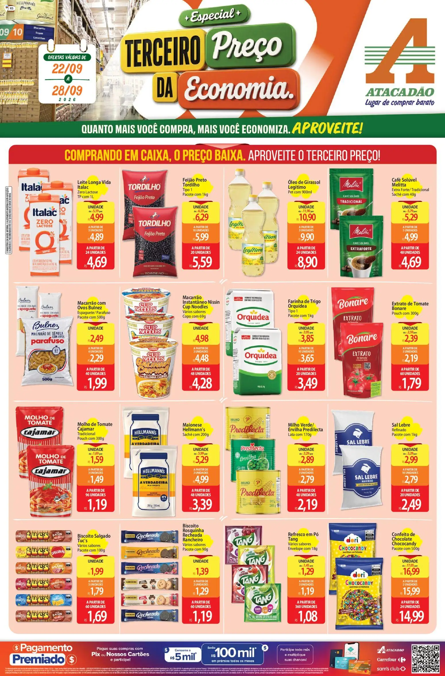 Pré-Visualização do folheto "Atacadão ofertas - RS" da loja Atacadão válido a partir de 22/09/2026 - Macarrão, Sal, Biscoito, Tomate, Farinha, Espaguete, Extrato de tomate, Leite longa vida