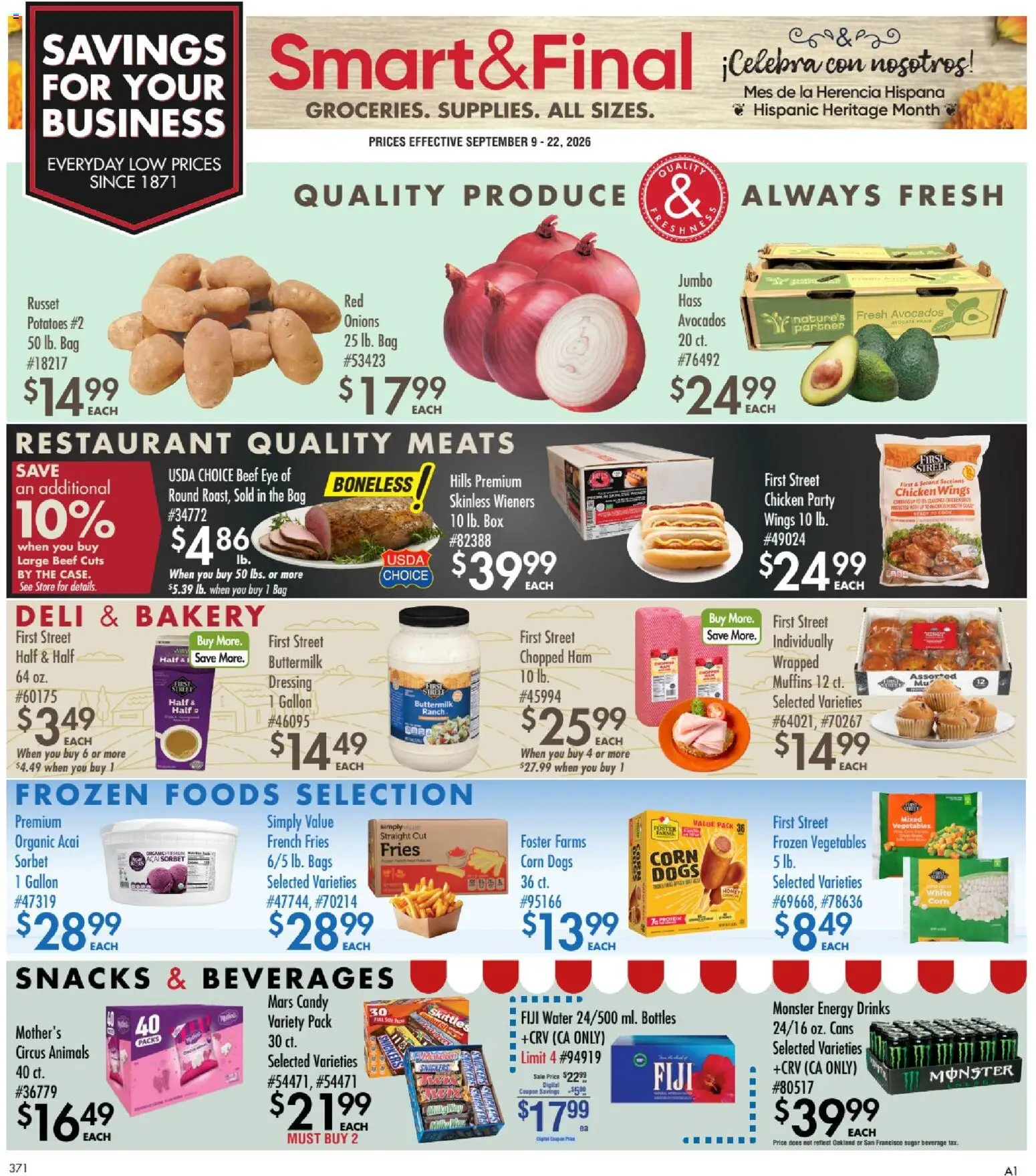 Ad Preview of Smart & Final Smart & Final Business & Club from 09/09/2026 - Box, Snacks, Chicken wings, Corn, Sugar, Snickers, Muffins, Frozen vegetables