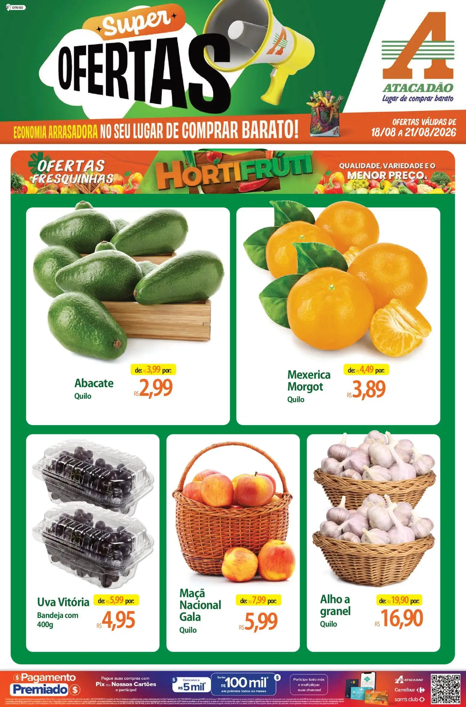 Pré-Visualização do folheto "Atacadão ofertas - GO" da loja Atacadão válido a partir de 18/08/2026 - Uva, Abacate, Mexerica, Bandeja, Alho