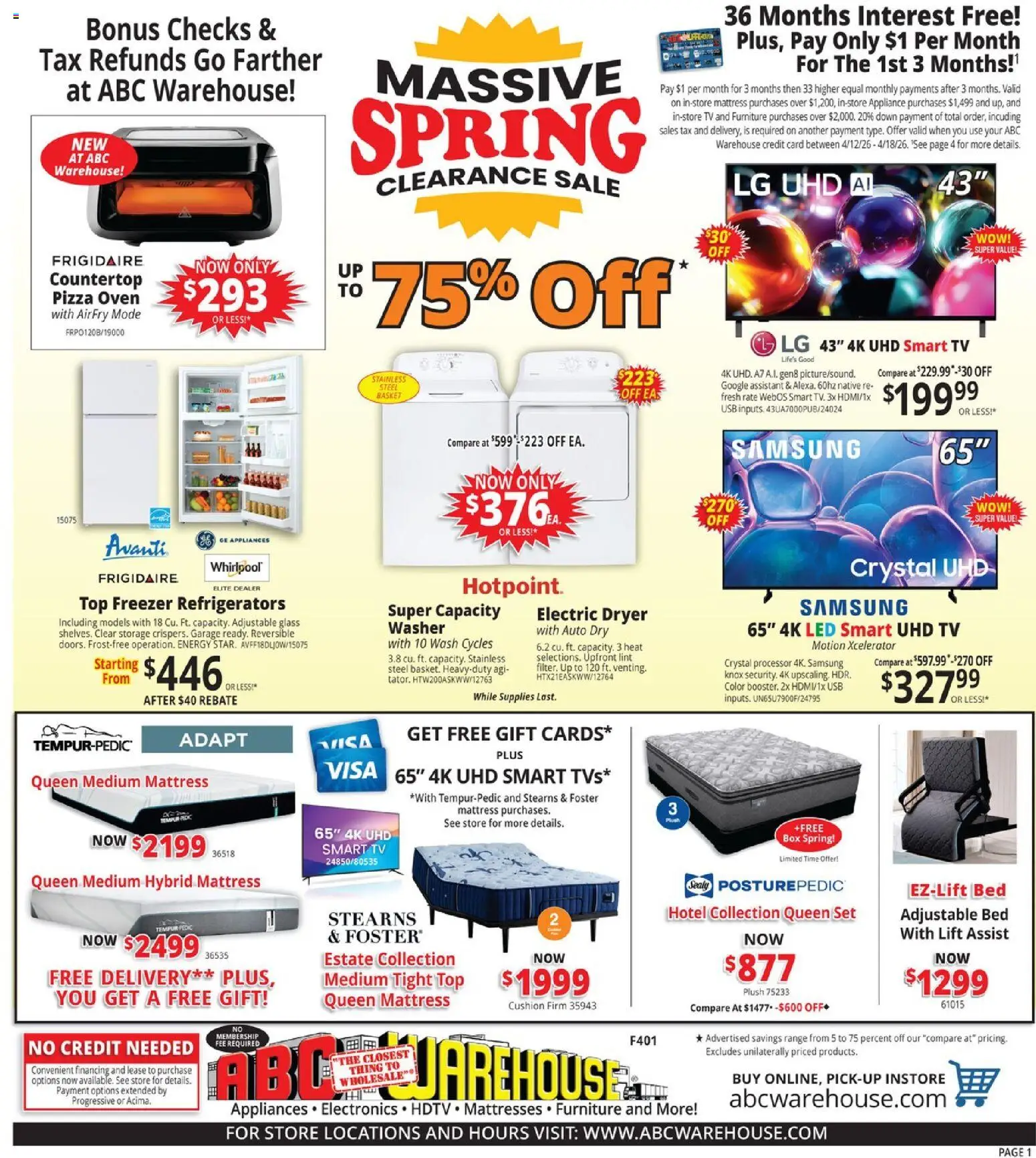 Ad Preview of ABC Warehouse ABC Warehouse Weekly Ad from 04/12/2026 - Box, Mattress, Bed, Washer, Basket, Freezer, Usb, Adjustable bed