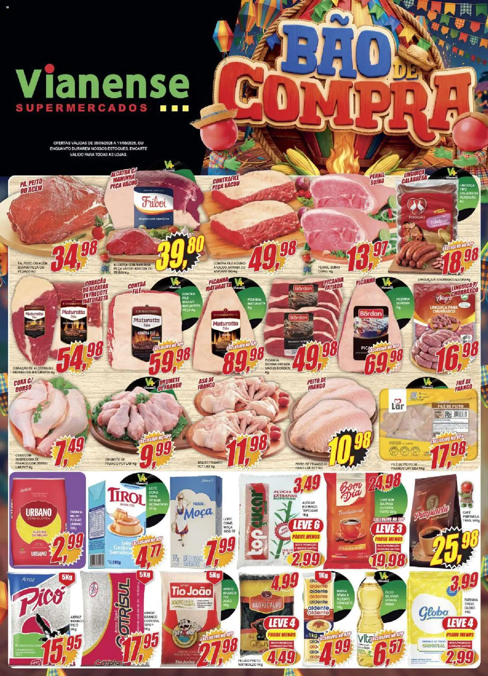 Pré-Visualização do folheto "Vianense ofertas" da loja Vianense válido a partir de 05/06/2026 - Café, Picanha, Óleo, Soja, Açúcar, Peito de frango, Linguiça, Alcatra