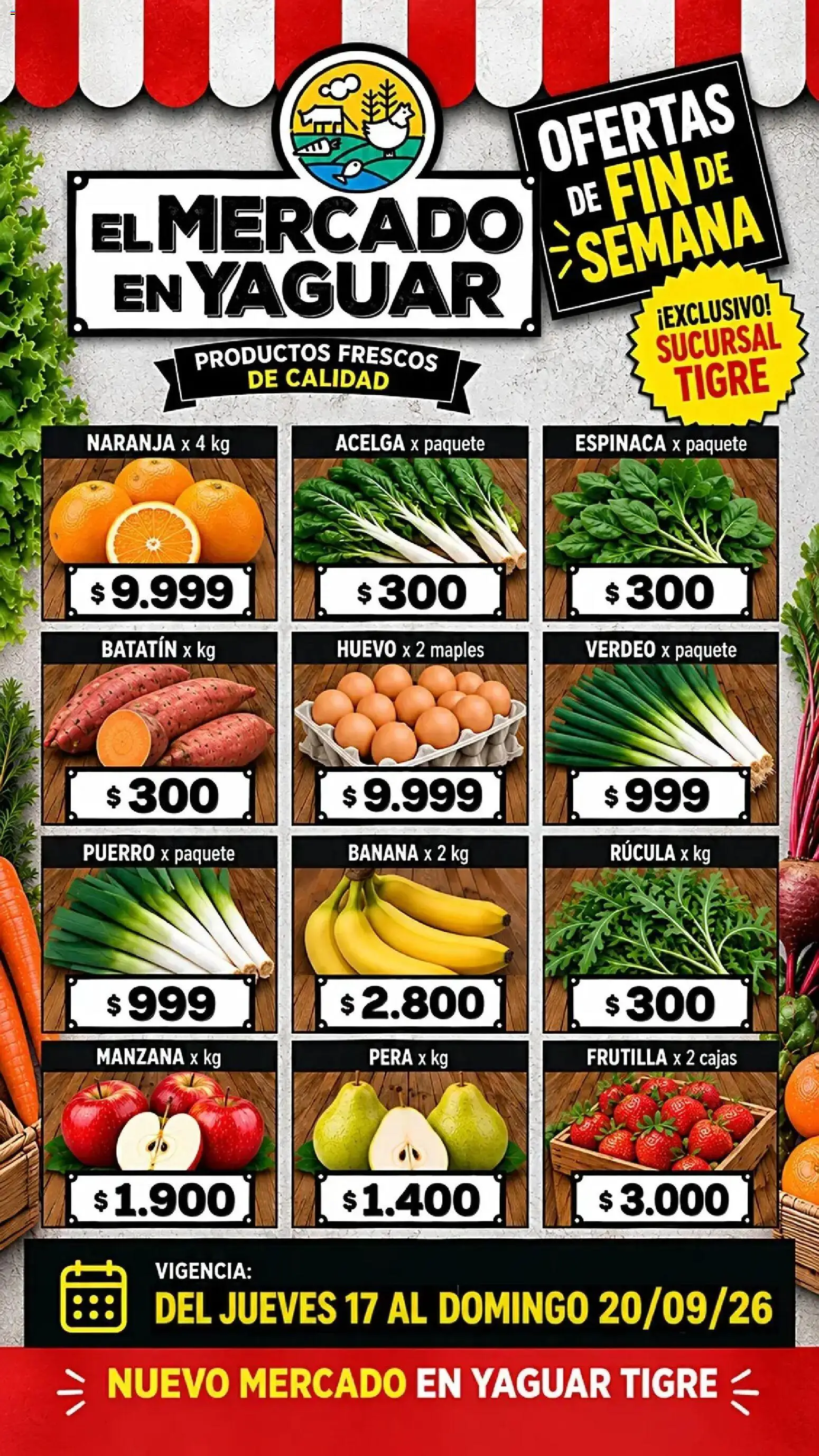 Vista previa del folleto de la tienda Yaguar válido desde el 17/09/2026 - Banana, Manzana, Puerro, Frutilla, Huevo, Acelga, Pera, Rúcula