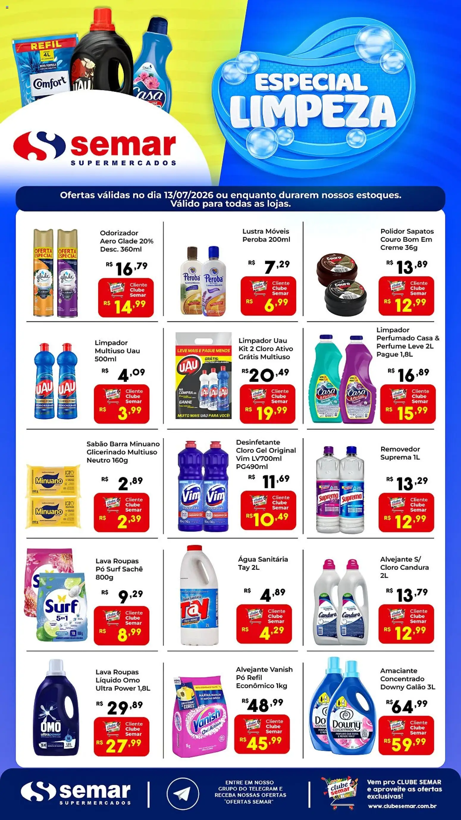 Pré-Visualização do folheto "Semar Supermercado - Ofertas da semana" da loja Semar Supermercado válido a partir de 13/07/2026 - Perfume, Sapatos, Desinfetante, Vanish, Amaciante, Água sanitária, Cloro, Lustra móveis