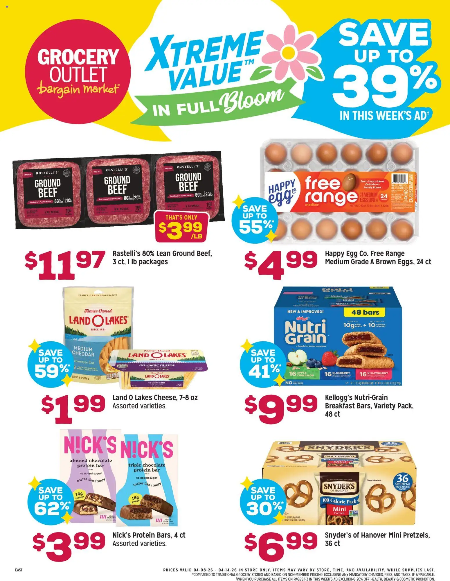 Ad Preview of Grocery Outlet Grocery Outlet Weekly Ad - OH from 04/08/2026 - Chocolate, Candy, Cheese, Sugar, Beef, Protein bar, Ground beef, Grains