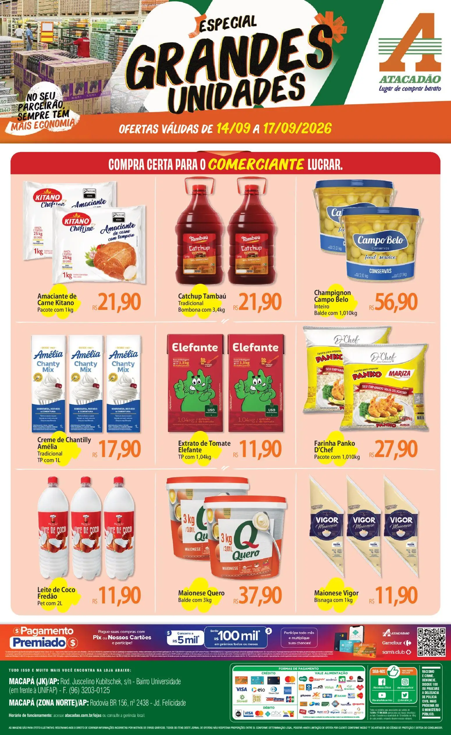 Pré-Visualização do folheto "Atacadão ofertas - AP" da loja Atacadão válido a partir de 14/09/2026 - Coco, Maionese, Creme, Amaciante, Farinha, Champignon, Extrato de tomate, Maionese vigor