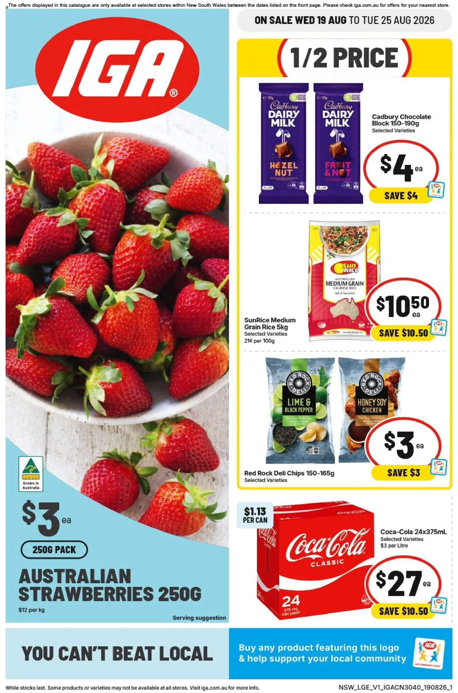 Preview of catalogue IGA catalogue NSW from shop IGA valid 19/08/2026 - Milk, Dairy, Chocolate, Honey, Chicken, Rice, Strawberries, Lime