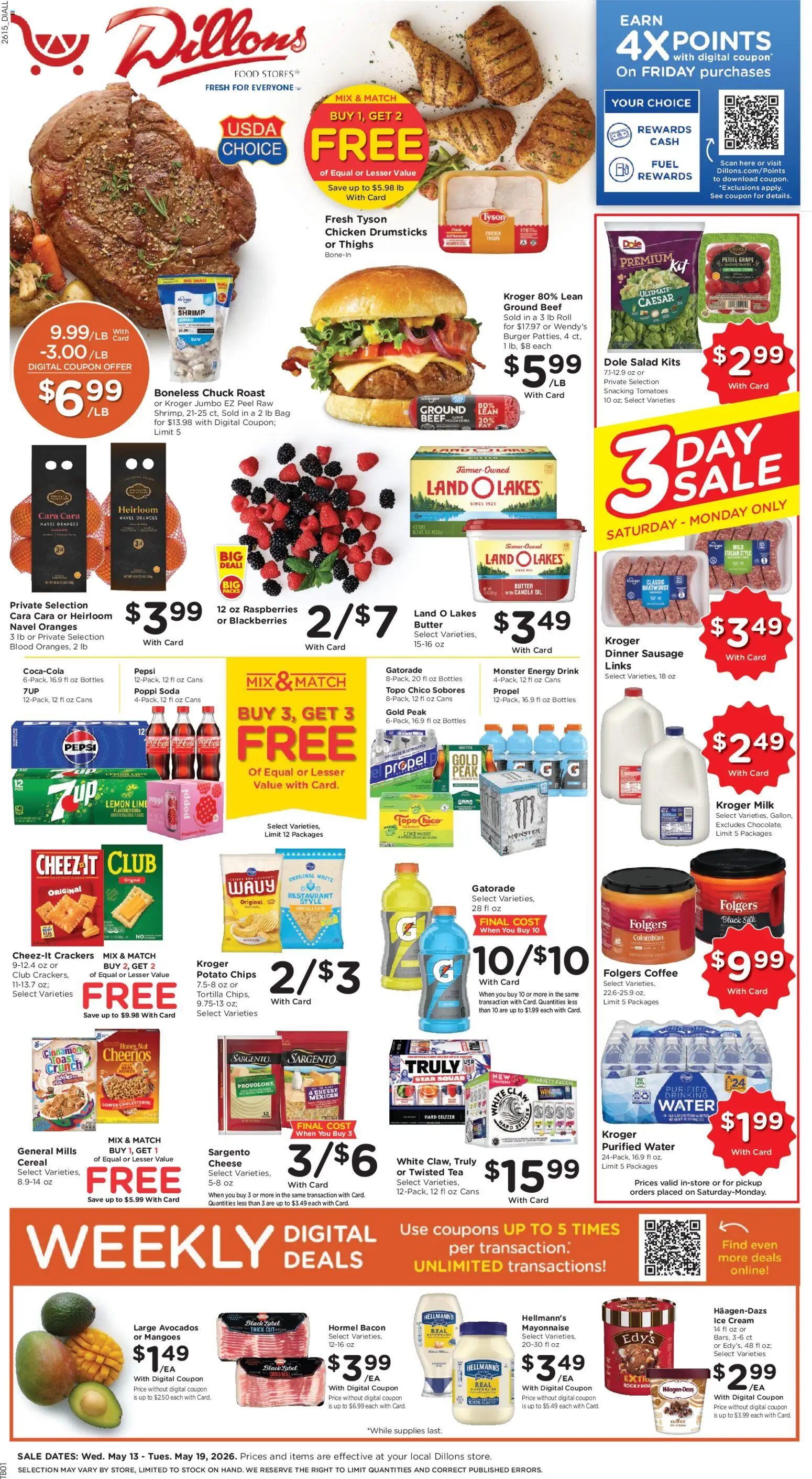 Ad Preview of Dillons Dillons Weekly Ad - KS from 05/13/2026 - Water, Chips, Cheese, Milk, Cereal, Butter, Potato chips, Chicken