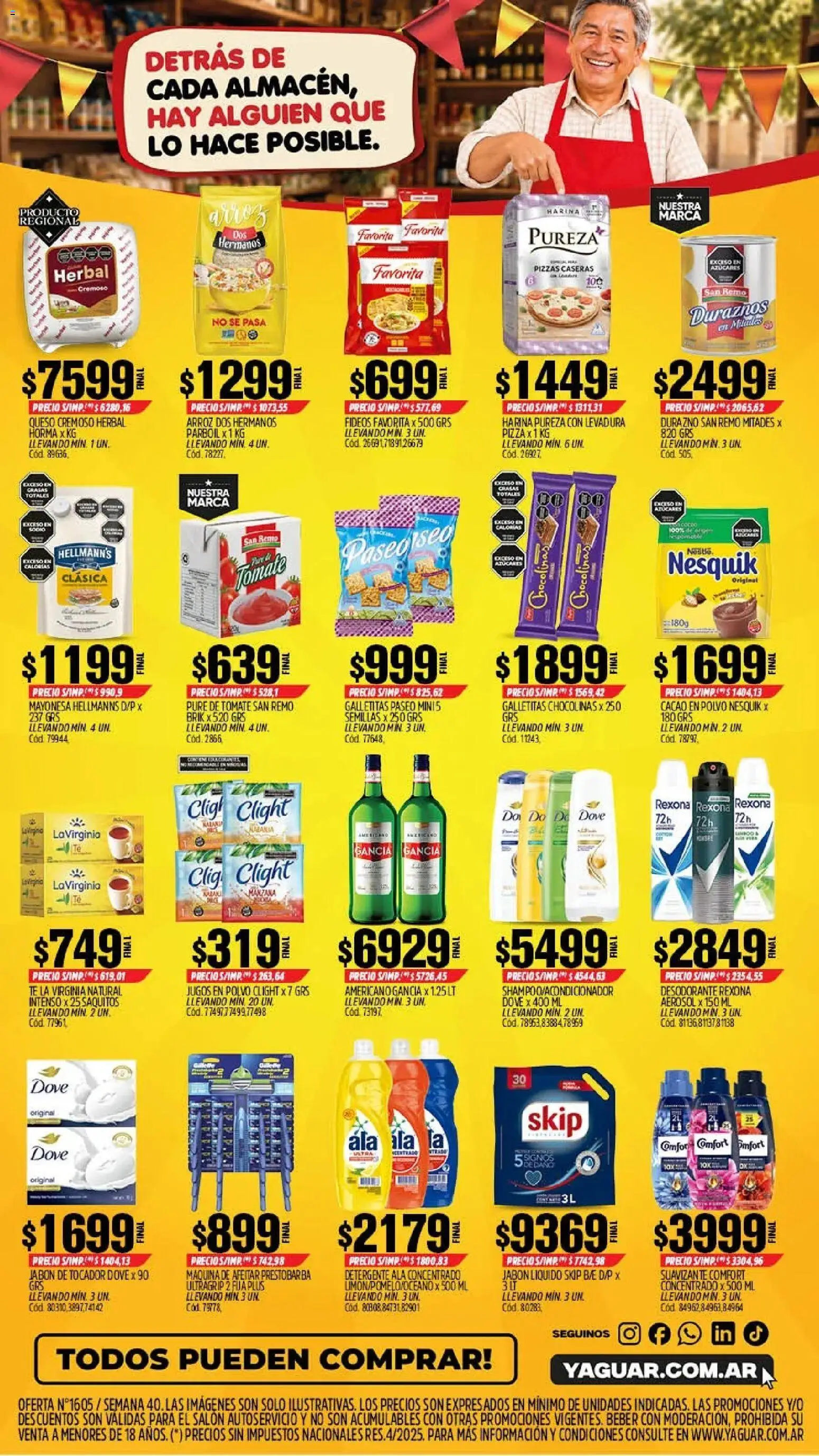 Vista previa del folleto de la tienda Yaguar válido desde el 28/09/2026 - Queso, Tomate, Durazno, Fideos, Semillas, Levadura, Cacao, Jabón líquido